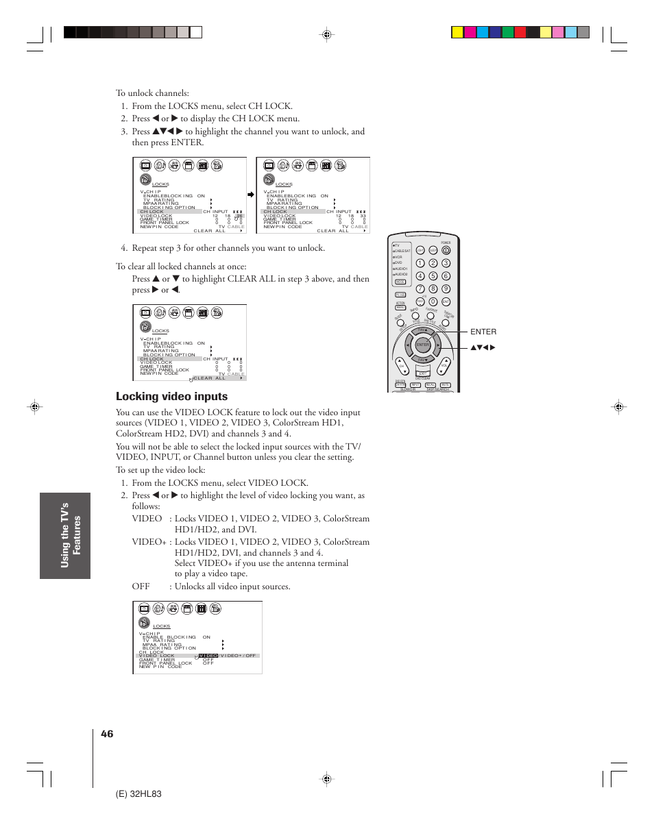 Locking video inputs, Using the t v’s f eatur es, E) 32hl83 | Enter yzx | Toshiba 32HL83 User Manual | Page 46 / 66