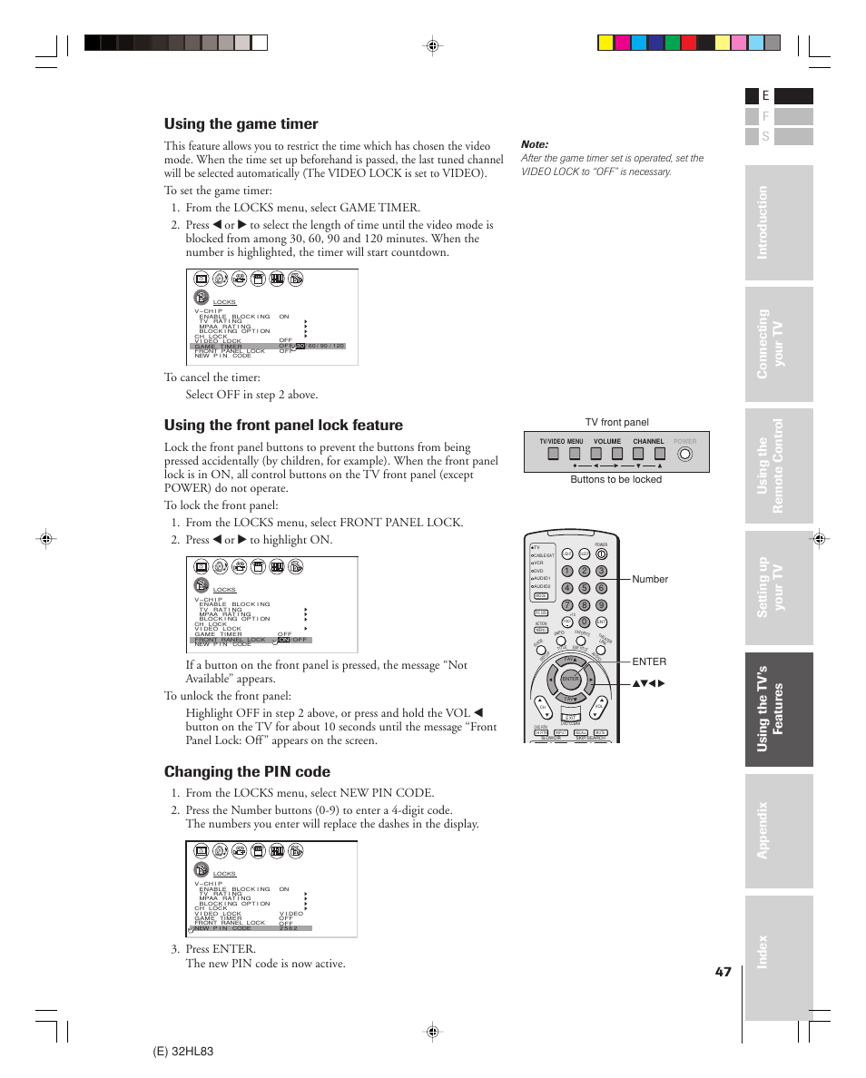 Using the game timer, Using the front panel lock feature, Changing the pin code | E) 32hl83, Press enter. the new pin code is now active, Tv front panel buttons to be locked | Toshiba 32HL83 User Manual | Page 47 / 66