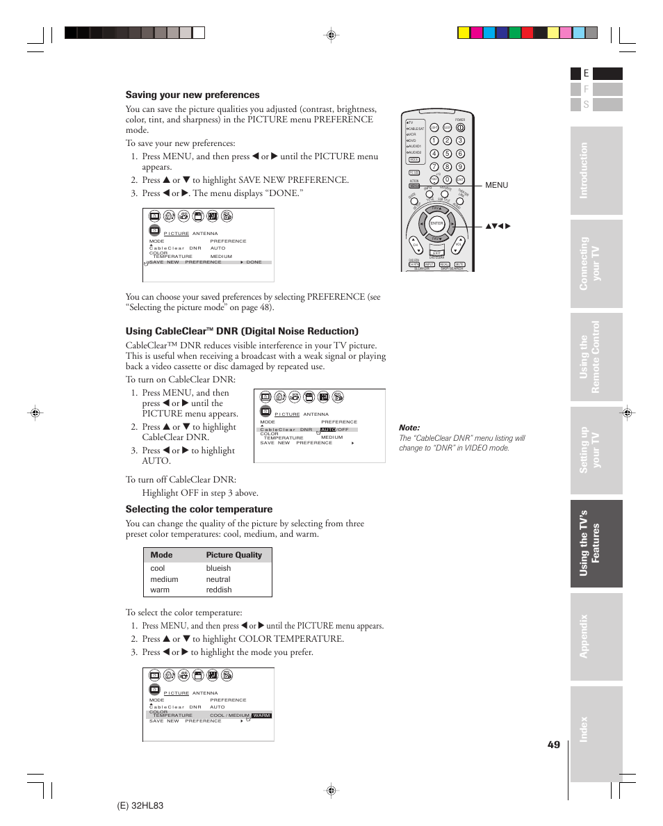 Saving your new preferences, Using cableclear™ dnr (digital noise reduction), Selecting the color temperature | E) 32hl83 | Toshiba 32HL83 User Manual | Page 49 / 66