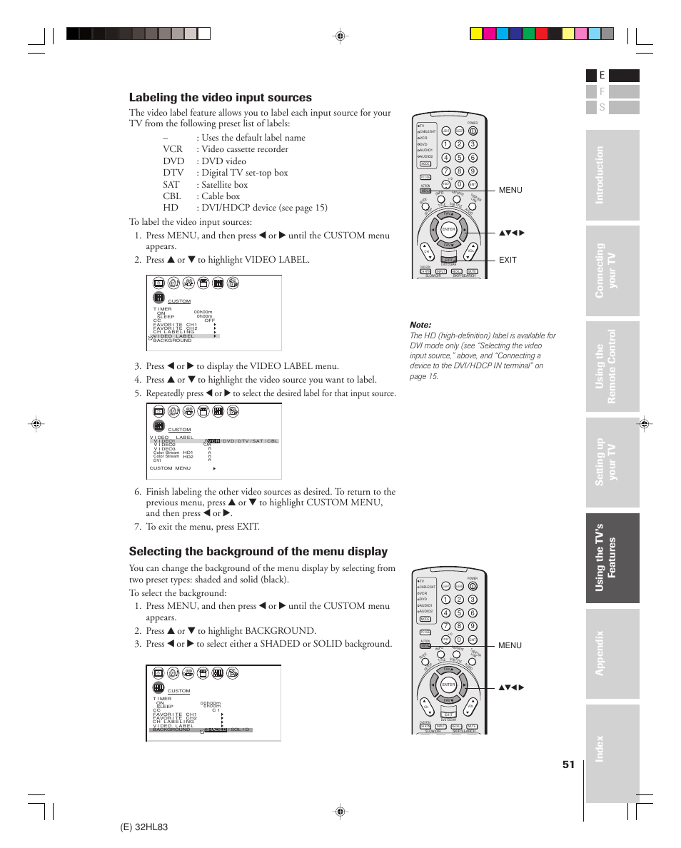 Labeling the video input sources, Selecting the background of the menu display, E) 32hl83 | Menu yzx • exit, Yzx • menu | Toshiba 32HL83 User Manual | Page 51 / 66