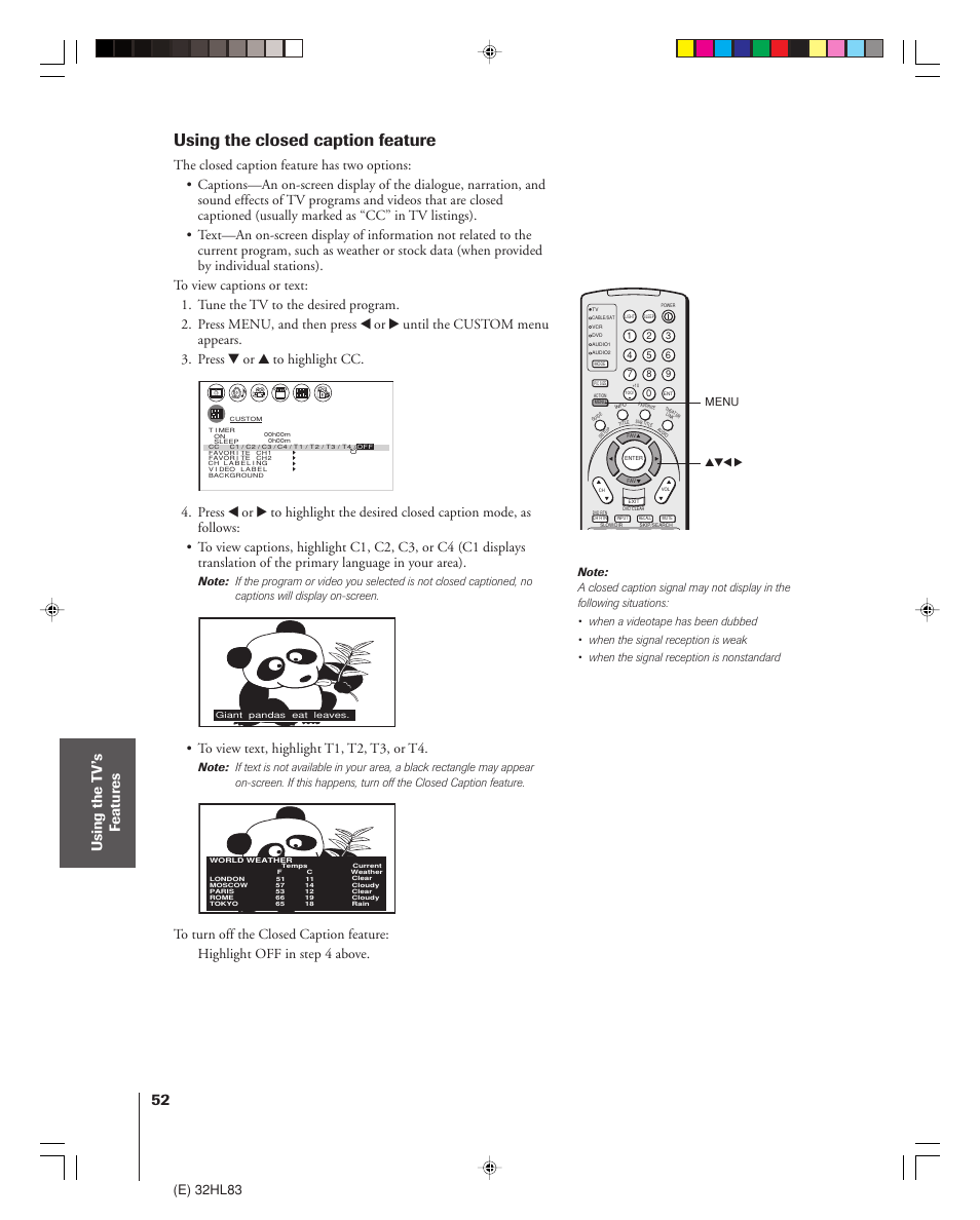 Using the closed caption feature, Using the t v’s f eatur es, E) 32hl83 | Toshiba 32HL83 User Manual | Page 52 / 66