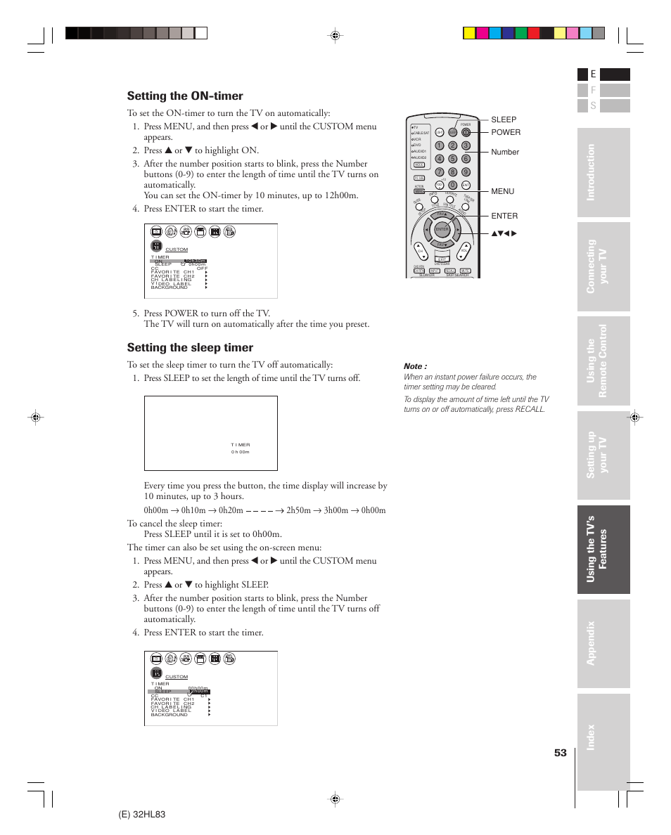 Setting the on-timer, Setting the sleep timer, E) 32hl83 | Toshiba 32HL83 User Manual | Page 53 / 66