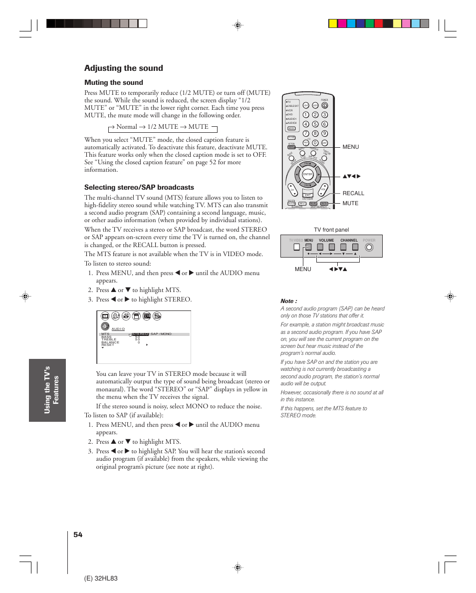 Adjusting the sound, Using the t v’s f eatur es, Muting the sound | Selecting stereo/sap broadcasts, E) 32hl83 | Toshiba 32HL83 User Manual | Page 54 / 66