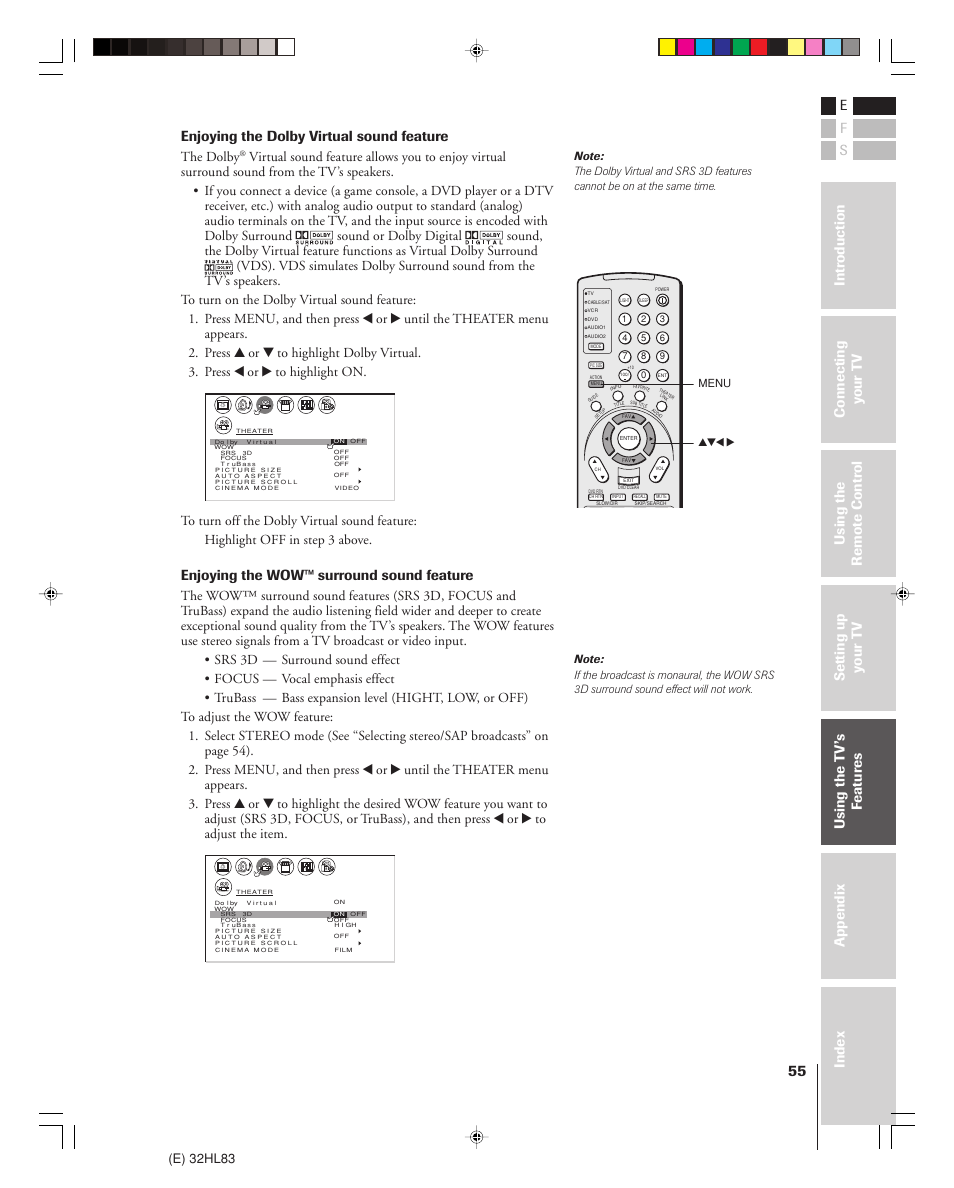 Enjoying the dolby virtual sound feature, Enjoying the wow™ surround sound feature, E) 32hl83 | The dolby | Toshiba 32HL83 User Manual | Page 55 / 66