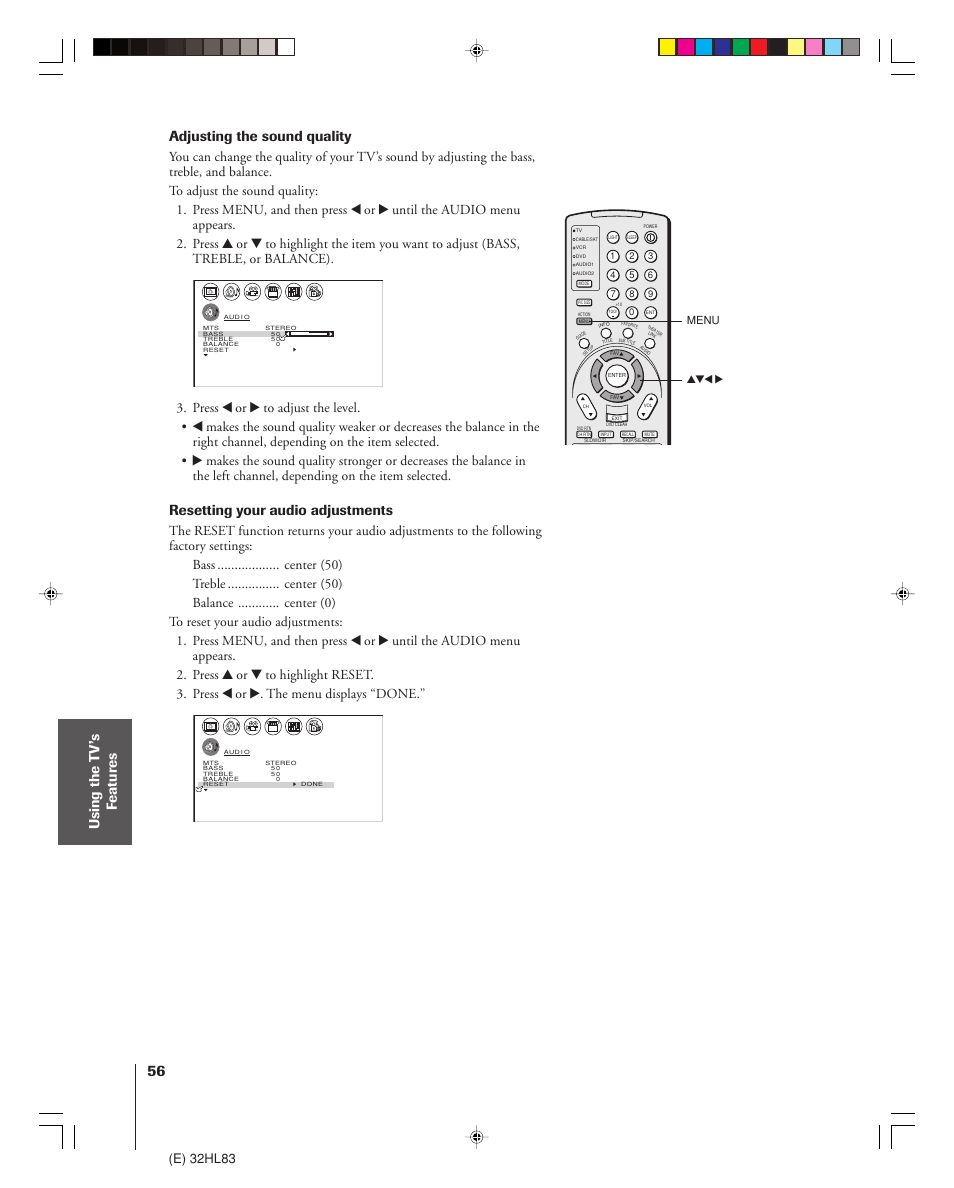 Resetting your audio adjustments, E) 32hl83, Yzx • menu | Toshiba 32HL83 User Manual | Page 56 / 66