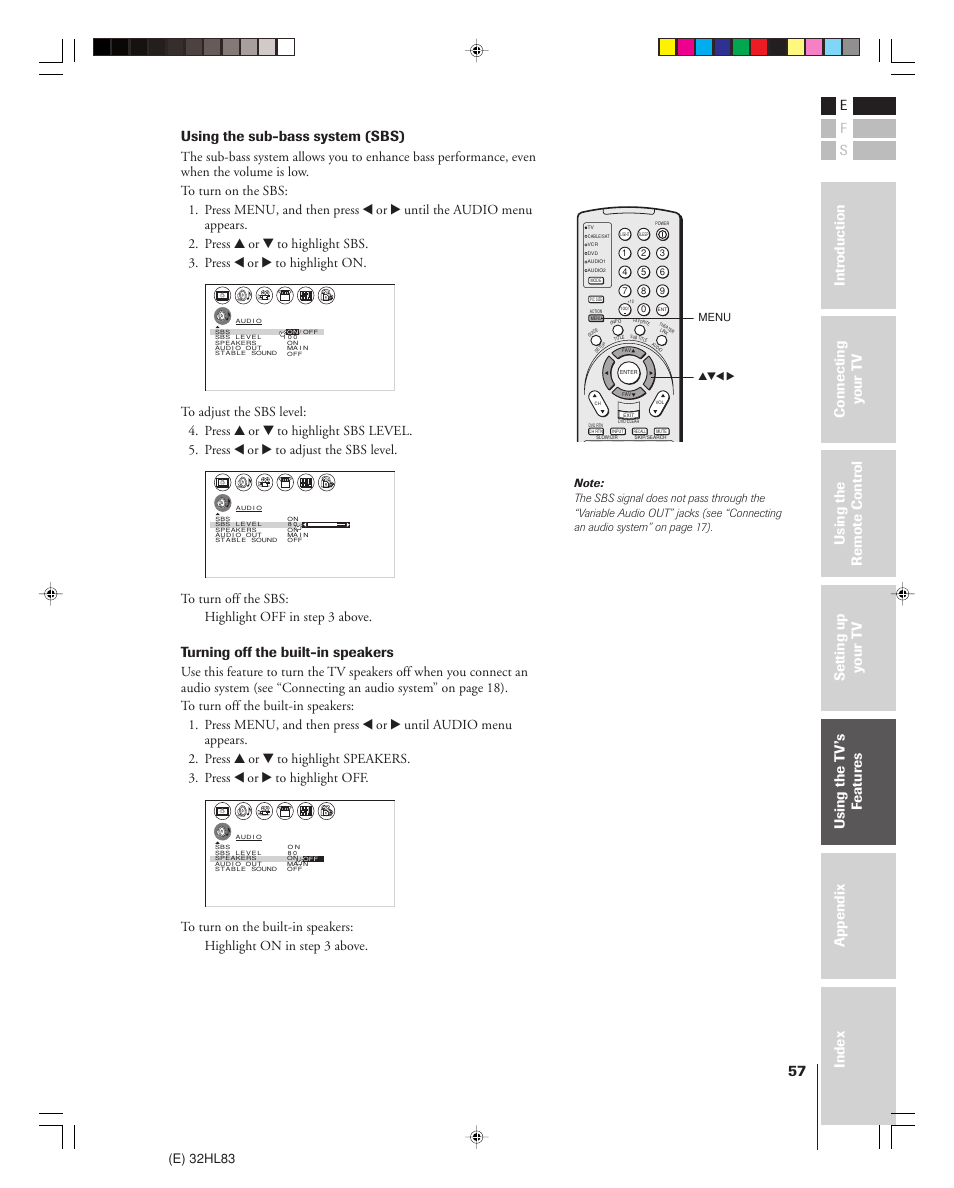 Using the sub-bass system (sbs), Turning off the built-in speakers, E) 32hl83 | Toshiba 32HL83 User Manual | Page 57 / 66