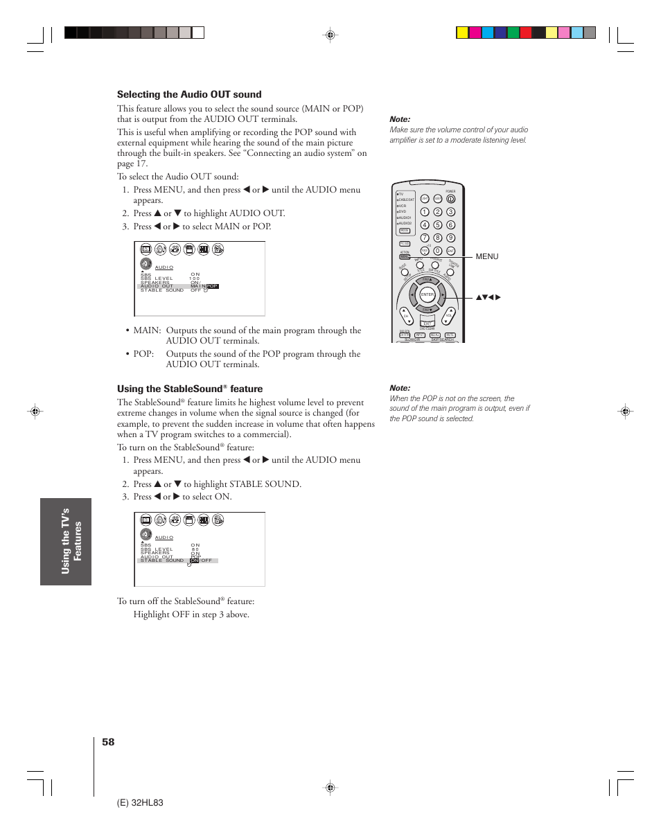 Using the t v’s f eatur es, Selecting the audio out sound, Using the stablesound | Feature, E) 32hl83, The stablesound, Feature: highlight off in step 3 above, Yzx • menu | Toshiba 32HL83 User Manual | Page 58 / 66