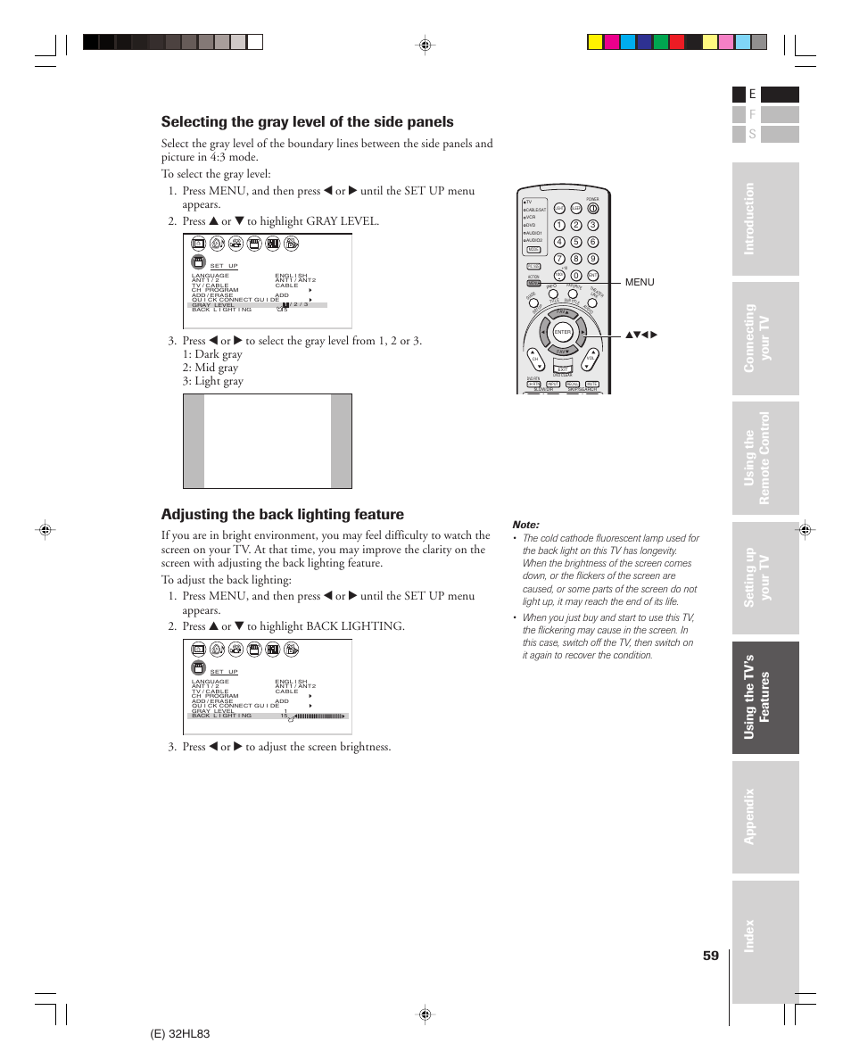 Selecting the gray level of the side panels, Adjusting the back lighting feature, E) 32hl83 | Press x or • to adjust the screen brightness | Toshiba 32HL83 User Manual | Page 59 / 66