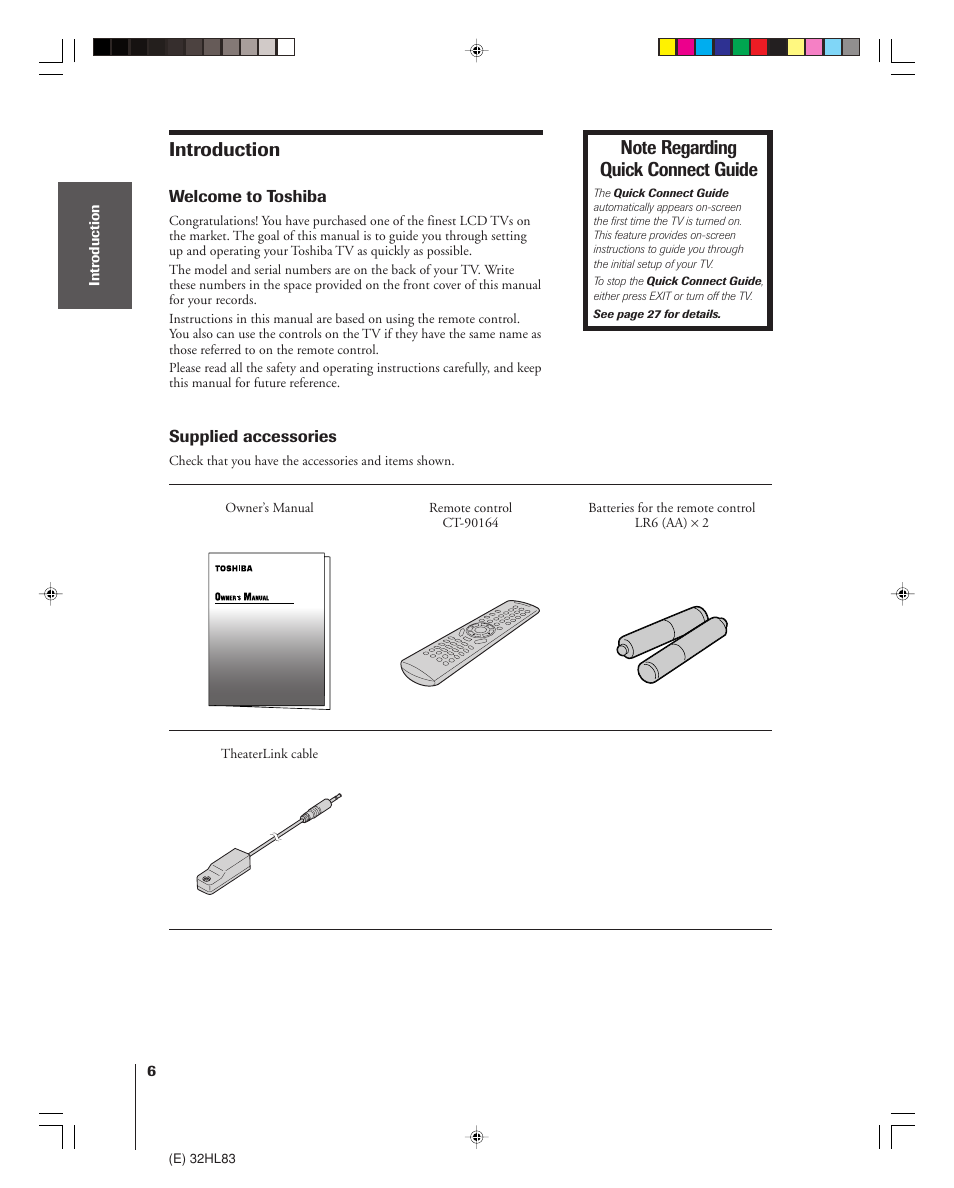 Introduction | Toshiba 32HL83 User Manual | Page 6 / 66