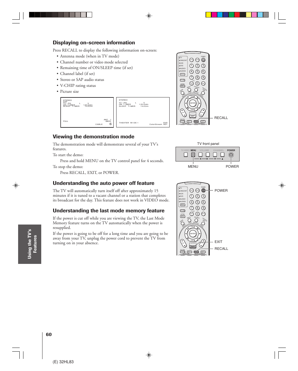 Displaying on-screen information, Viewing the demonstration mode, Understanding the auto power off feature | Using the t v’s f eatur es, E) 32hl83, Menu tv front panel exit, Power recall power, Recall | Toshiba 32HL83 User Manual | Page 60 / 66