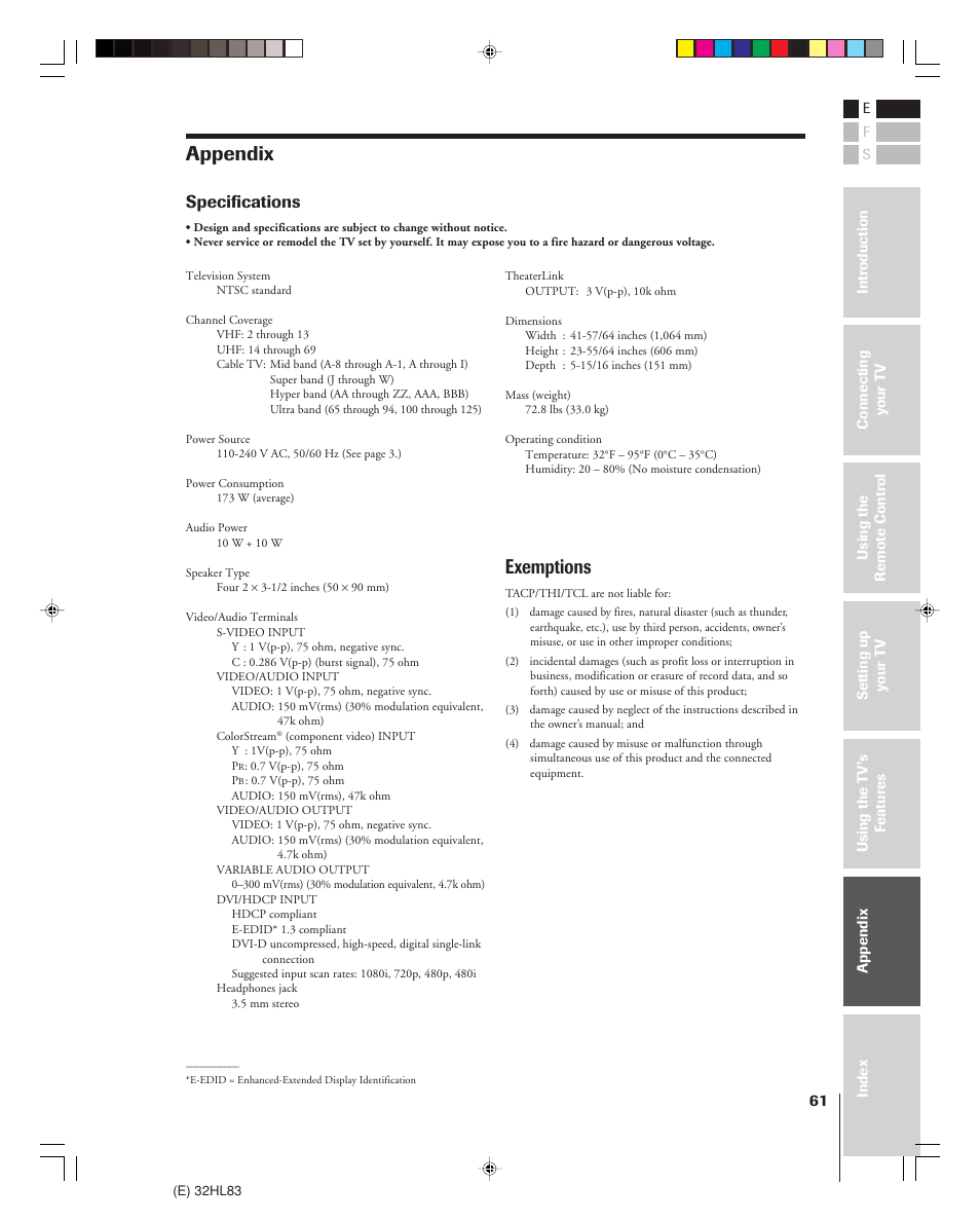 Appendix, Exemptions, Specifications | Toshiba 32HL83 User Manual | Page 61 / 66