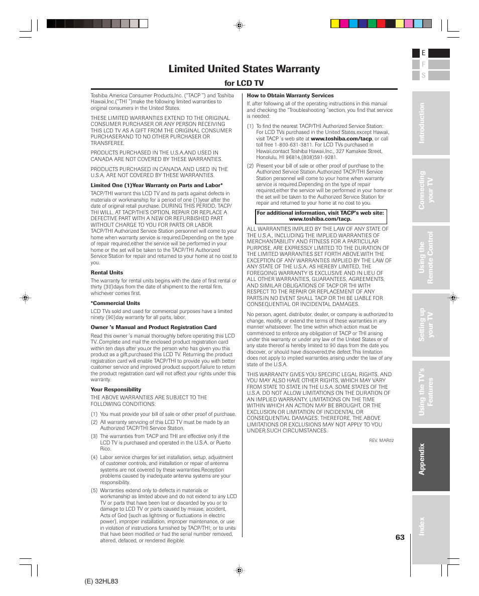 Limited united states warranty | Toshiba 32HL83 User Manual | Page 63 / 66