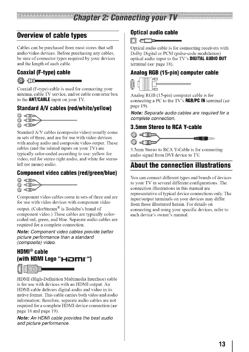 About the coimection illustratioiis, About the connection illustrations, Overview of cable types | Optical audio cable, Coaxial (f-type) cable, Standard a/v cables (red/wbite/yellow), Component video cables (red/green/blue), Hdmi® cable (with hdmi logo “hoftli “), Analog rgb (15-pln) computer cable, 5mm stereo to rca y-cable | Toshiba 19SL410U User Manual | Page 13 / 62