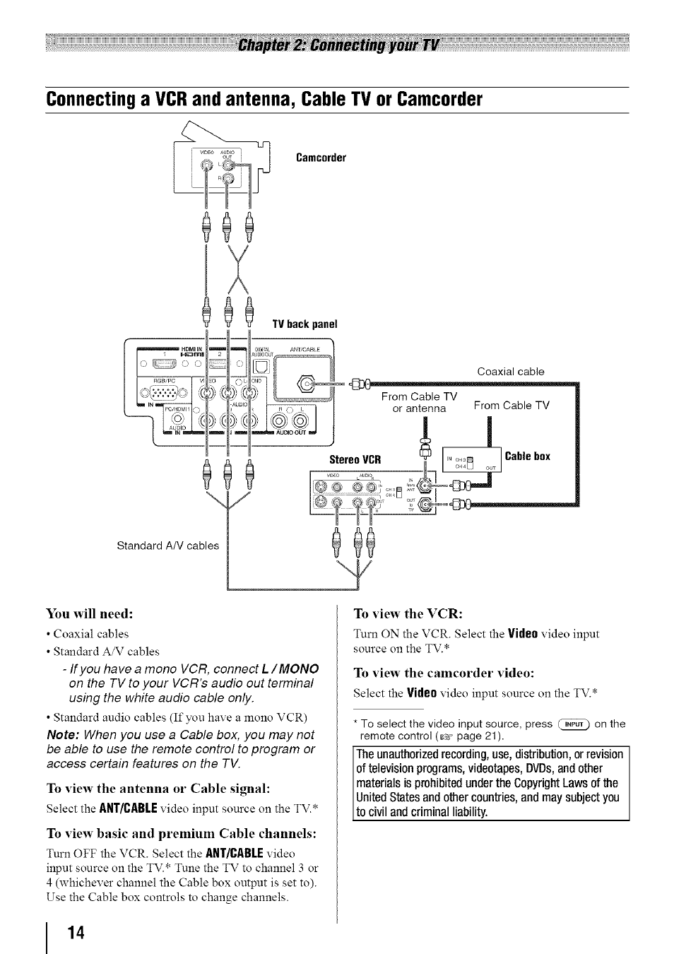 You will need, Chapter 2: connecting your tv | Toshiba 19SL410U User Manual | Page 14 / 62