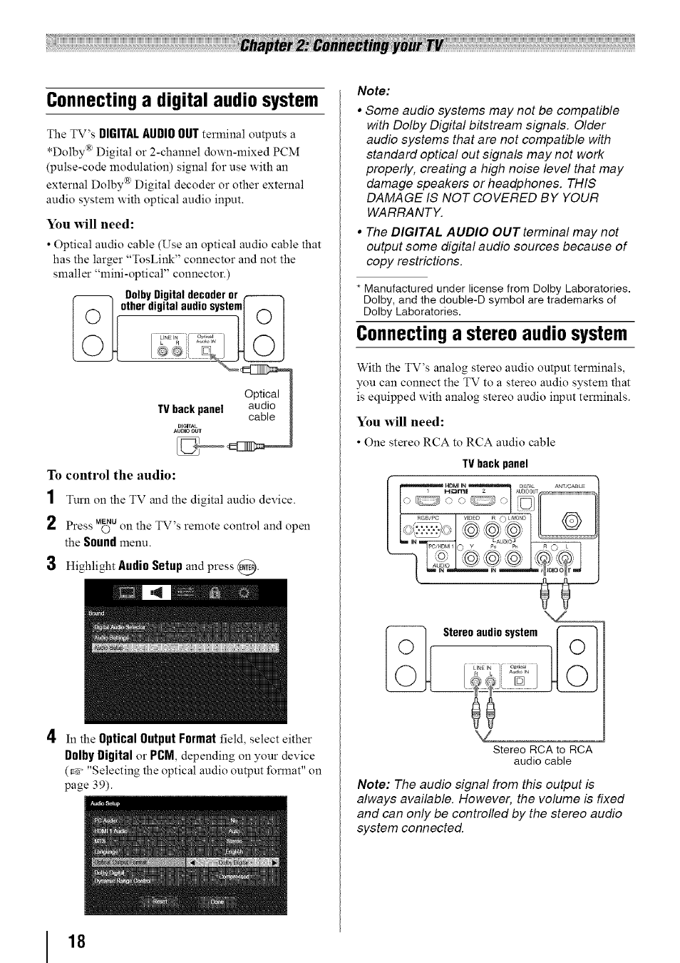 Connecting a digital audio system, Connecting a stereo audio system, Щ ò ф | You will need, Chapter 2: connecting your tv | Toshiba 19SL410U User Manual | Page 18 / 62