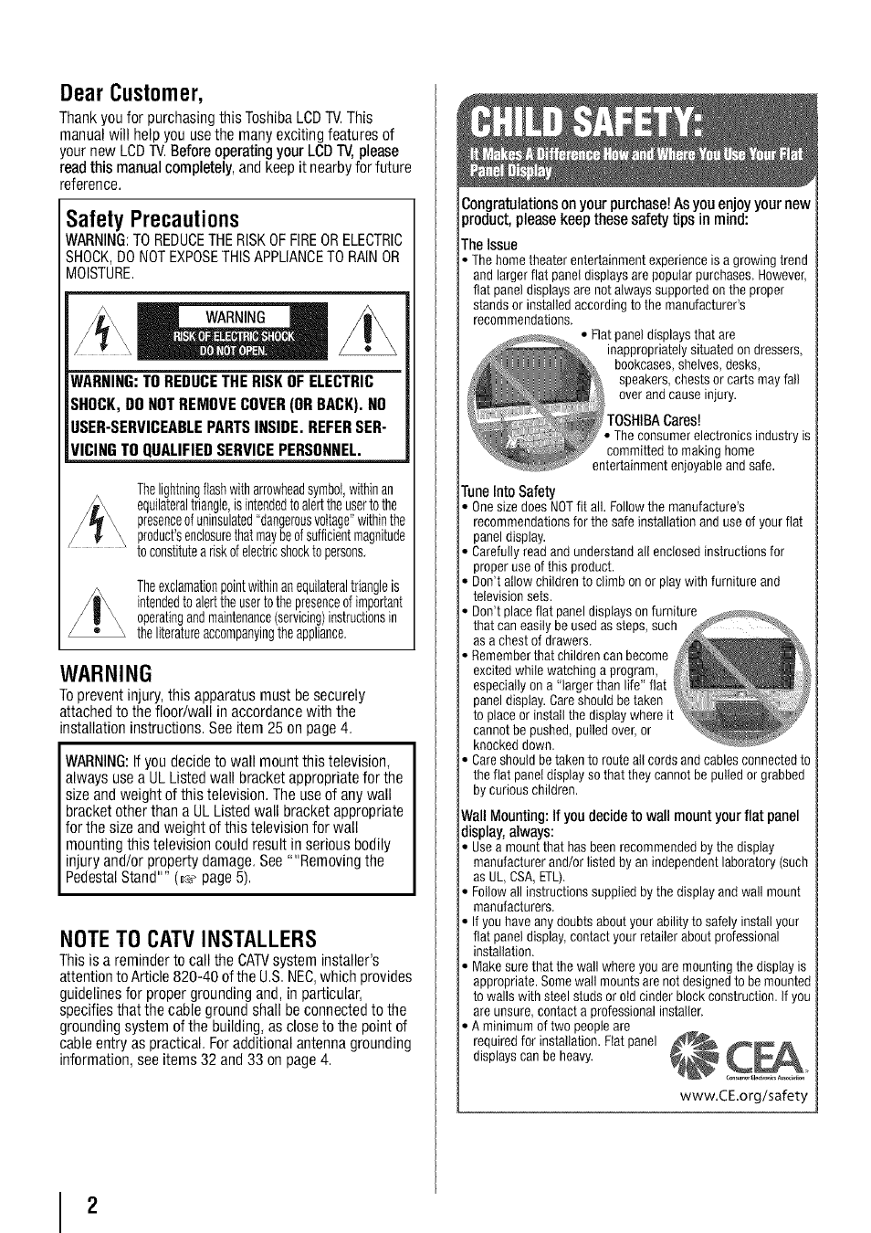 Dear customer, Safety precautions, Warning | Toshiba 19SL410U User Manual | Page 2 / 62