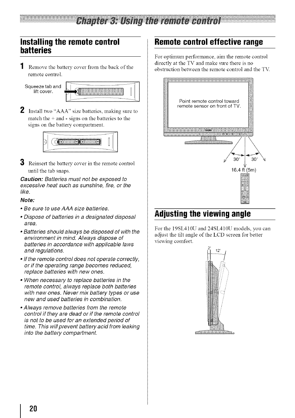 Installing the remote control batteries, Remote control effective range, Adjusting the viewing angle | Toshiba 19SL410U User Manual | Page 20 / 62