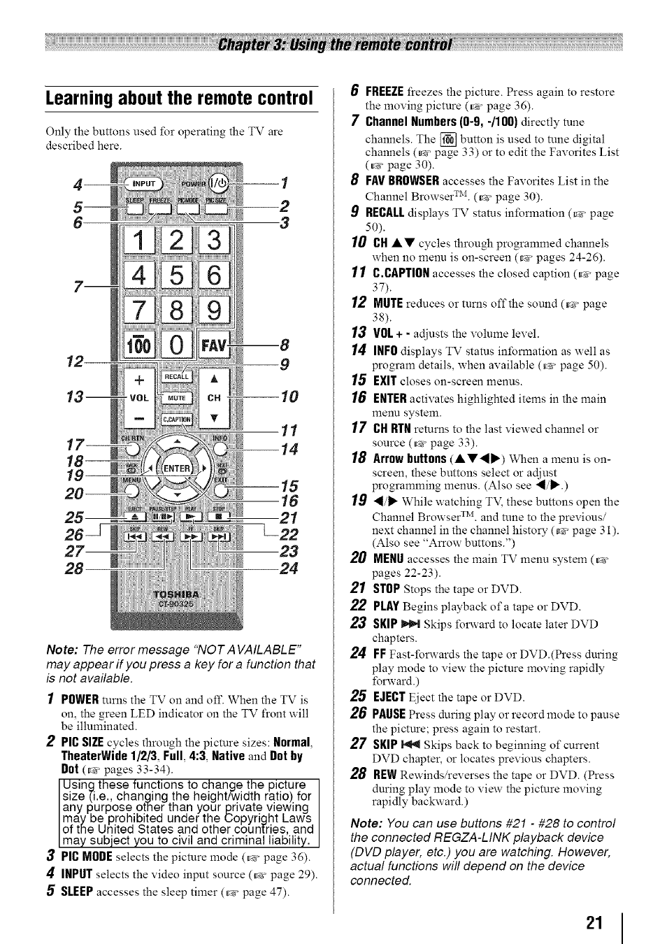 Learning about the remote control, Chapter 3: using the remote control | Toshiba 19SL410U User Manual | Page 21 / 62