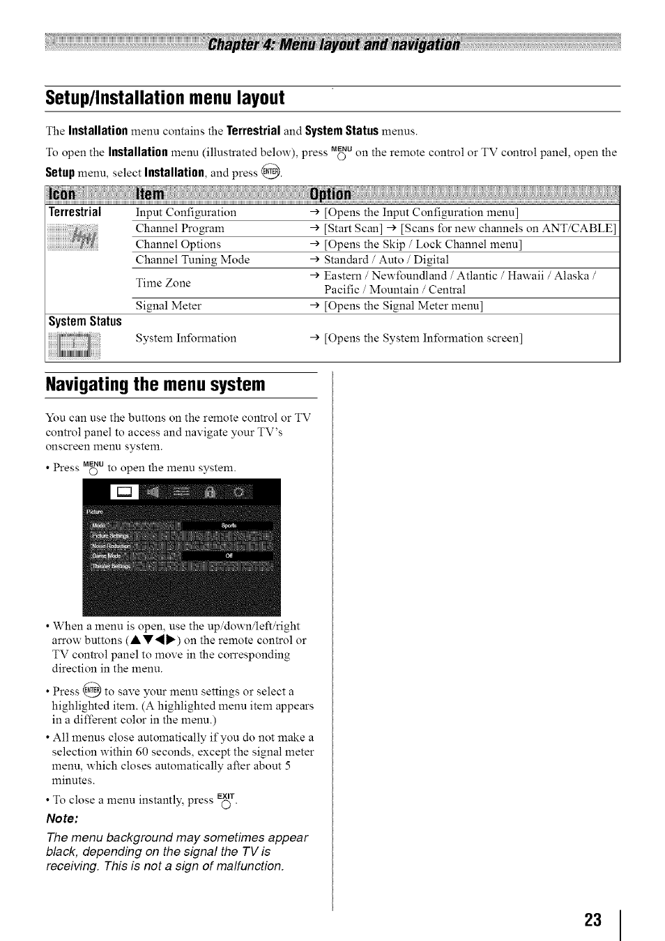 Setup/lnstallation menu layout, Navigating the menu system, Setup installation menu layout | Icon item option, Chapter 4: menu layout and navigation | Toshiba 19SL410U User Manual | Page 23 / 62