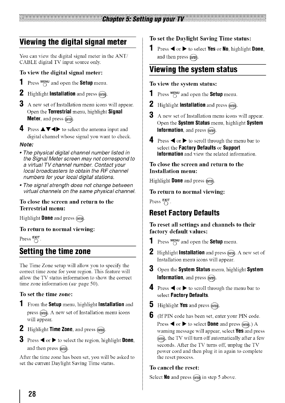 Viewing the digitai signai meter, Setting the time zone, Viewing the system status | Viewing the digital signal meter | Toshiba 19SL410U User Manual | Page 28 / 62