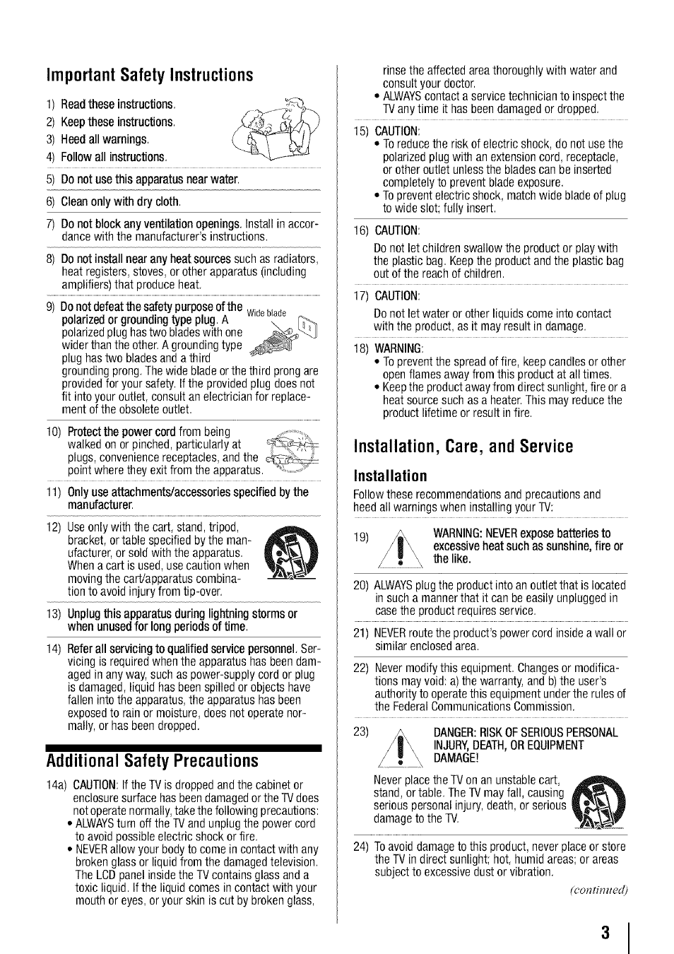 Important safety instructions, Additional safety precautions, Installation, care, and service | Installation | Toshiba 19SL410U User Manual | Page 3 / 62