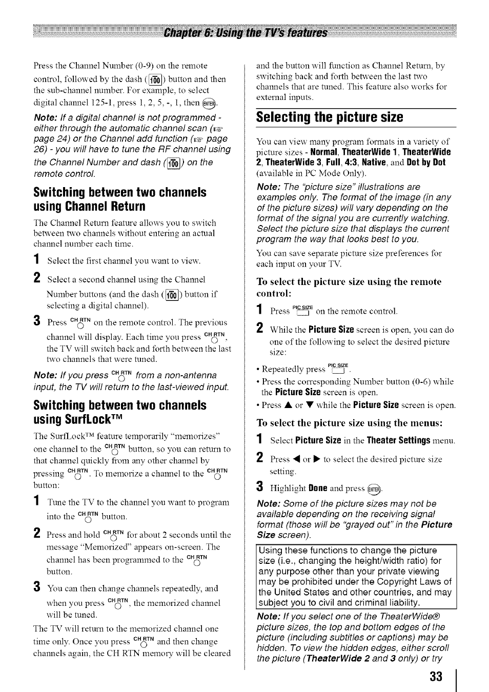 Selecting the picture size | Toshiba 19SL410U User Manual | Page 33 / 62