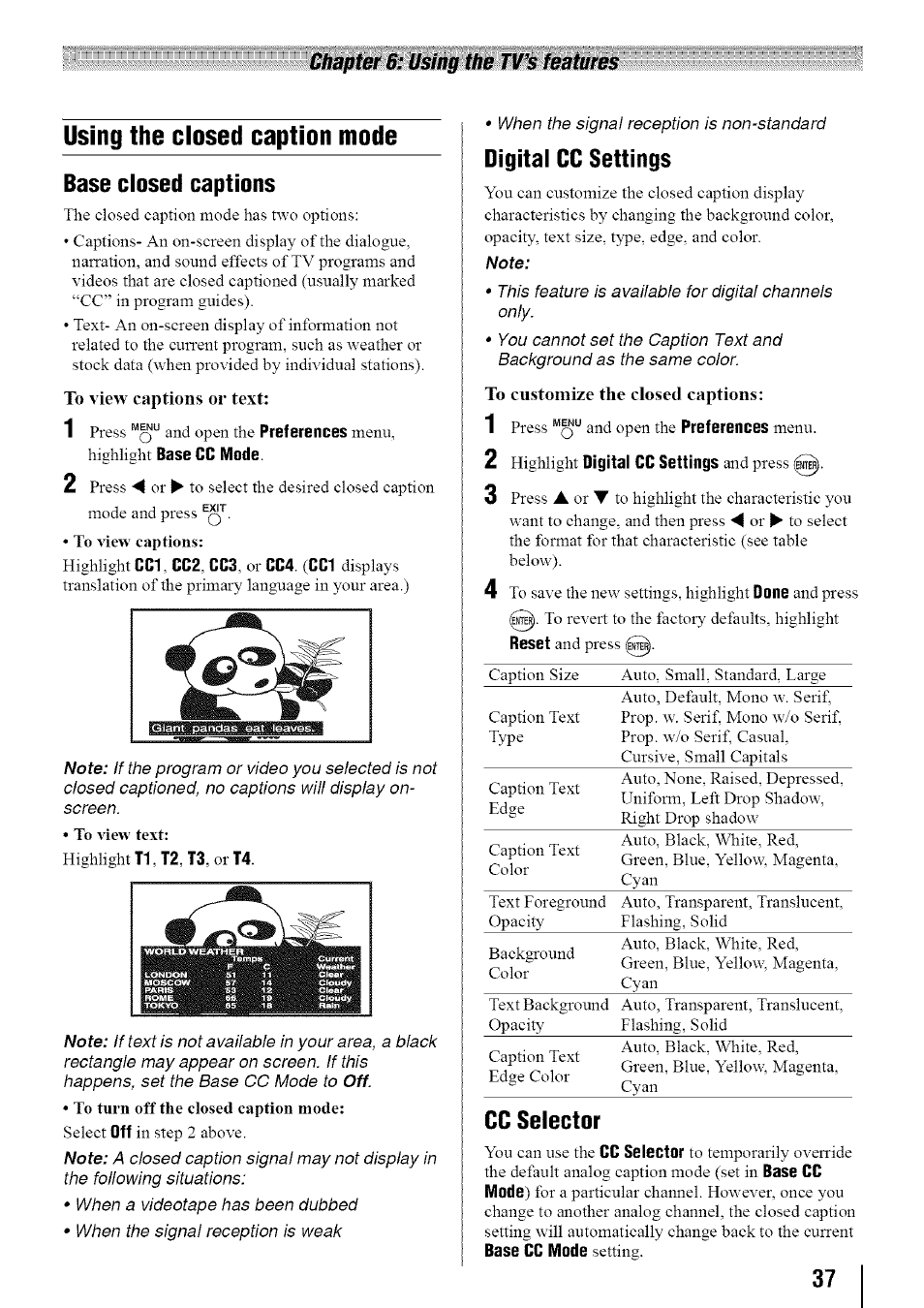 Using the closed caption mode | Toshiba 19SL410U User Manual | Page 37 / 62