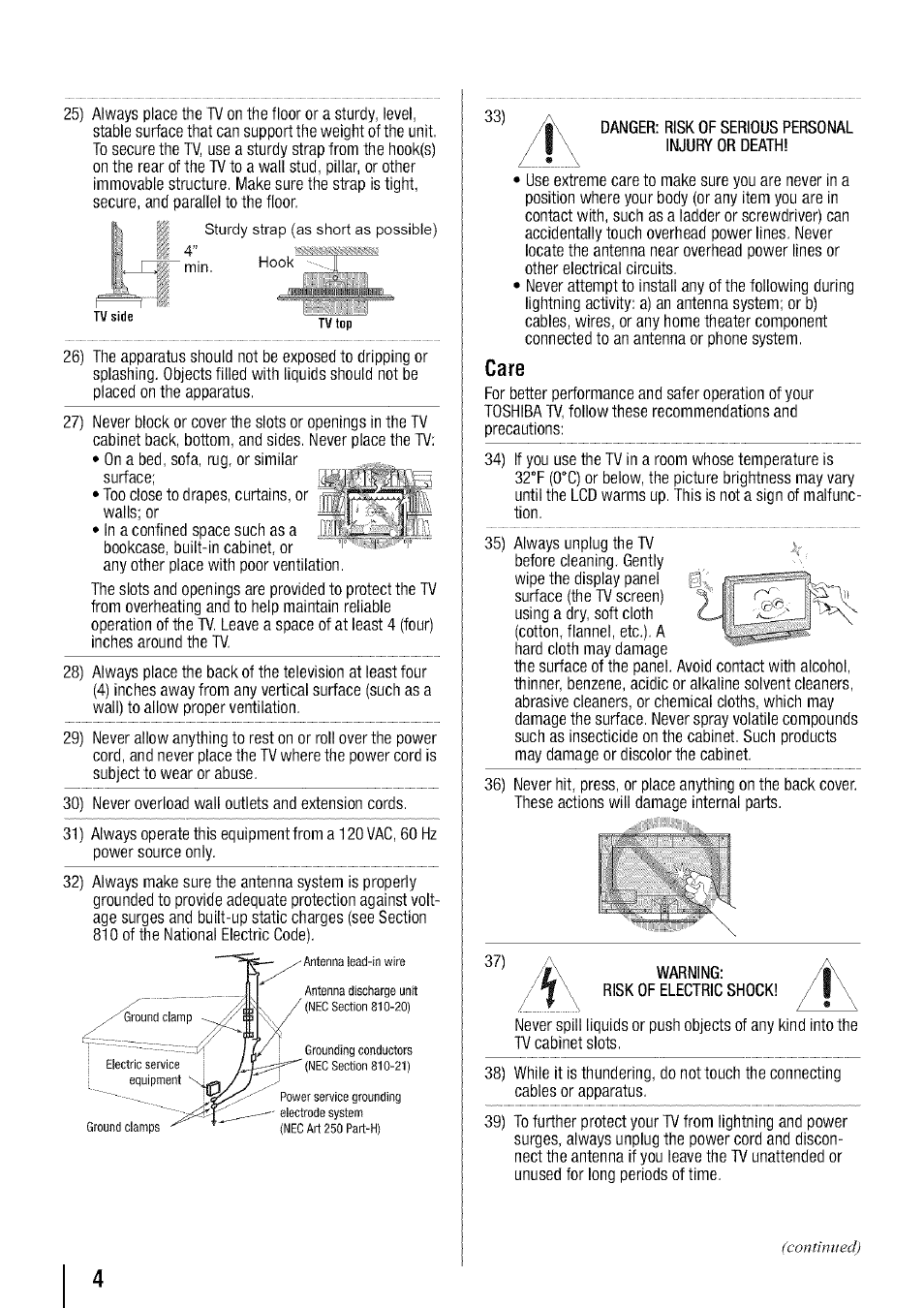 Care | Toshiba 19SL410U User Manual | Page 4 / 62