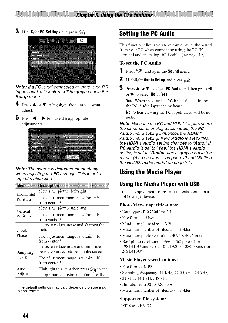 Setting the pc audio, Using the media piayer, Using the media player | Toshiba 19SL410U User Manual | Page 44 / 62