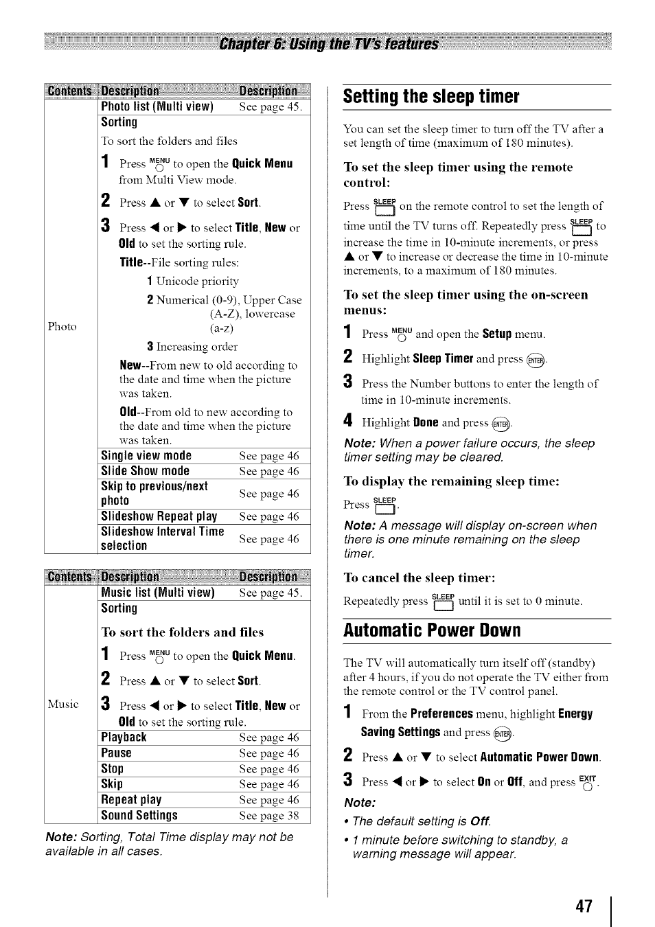 Setting the sleep timer, Automatic power down | Toshiba 19SL410U User Manual | Page 47 / 62