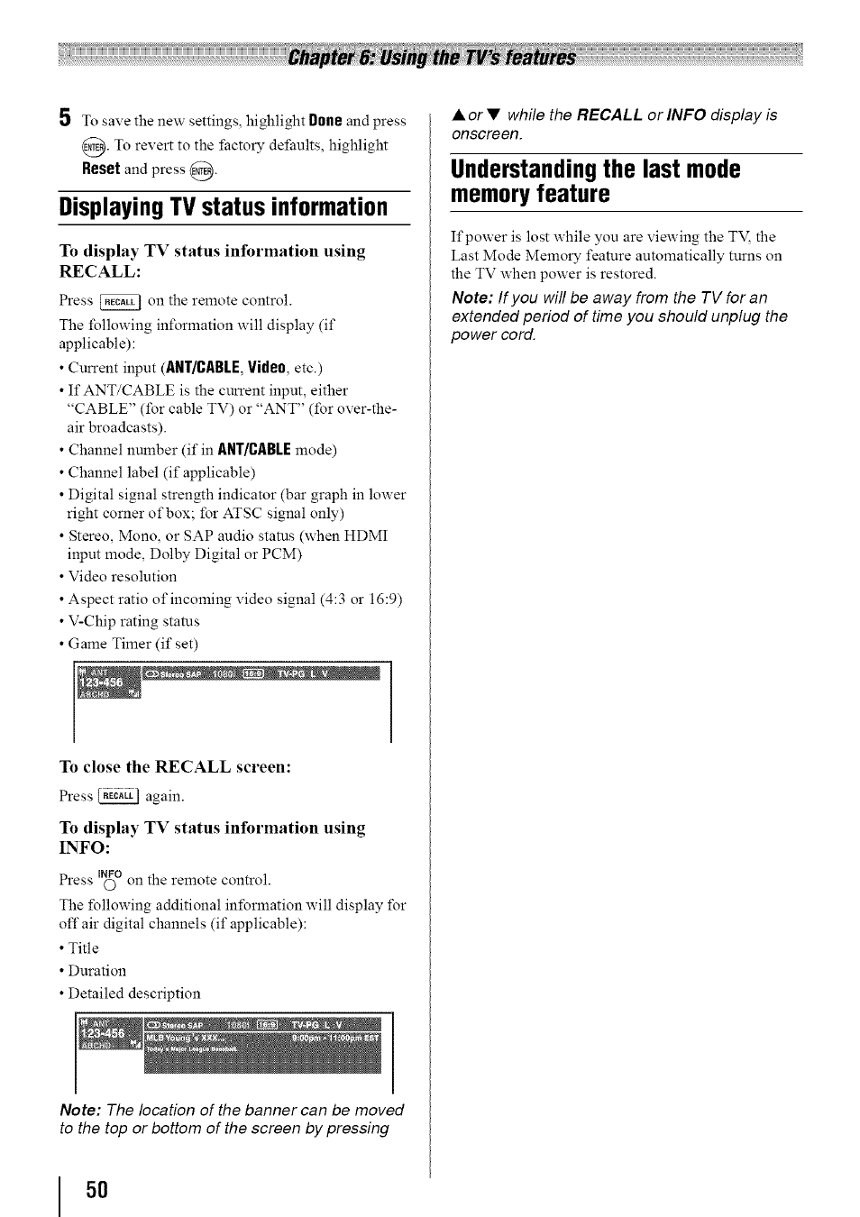 Displaying tv status information, Understanding the last mode memory feature | Toshiba 19SL410U User Manual | Page 50 / 62