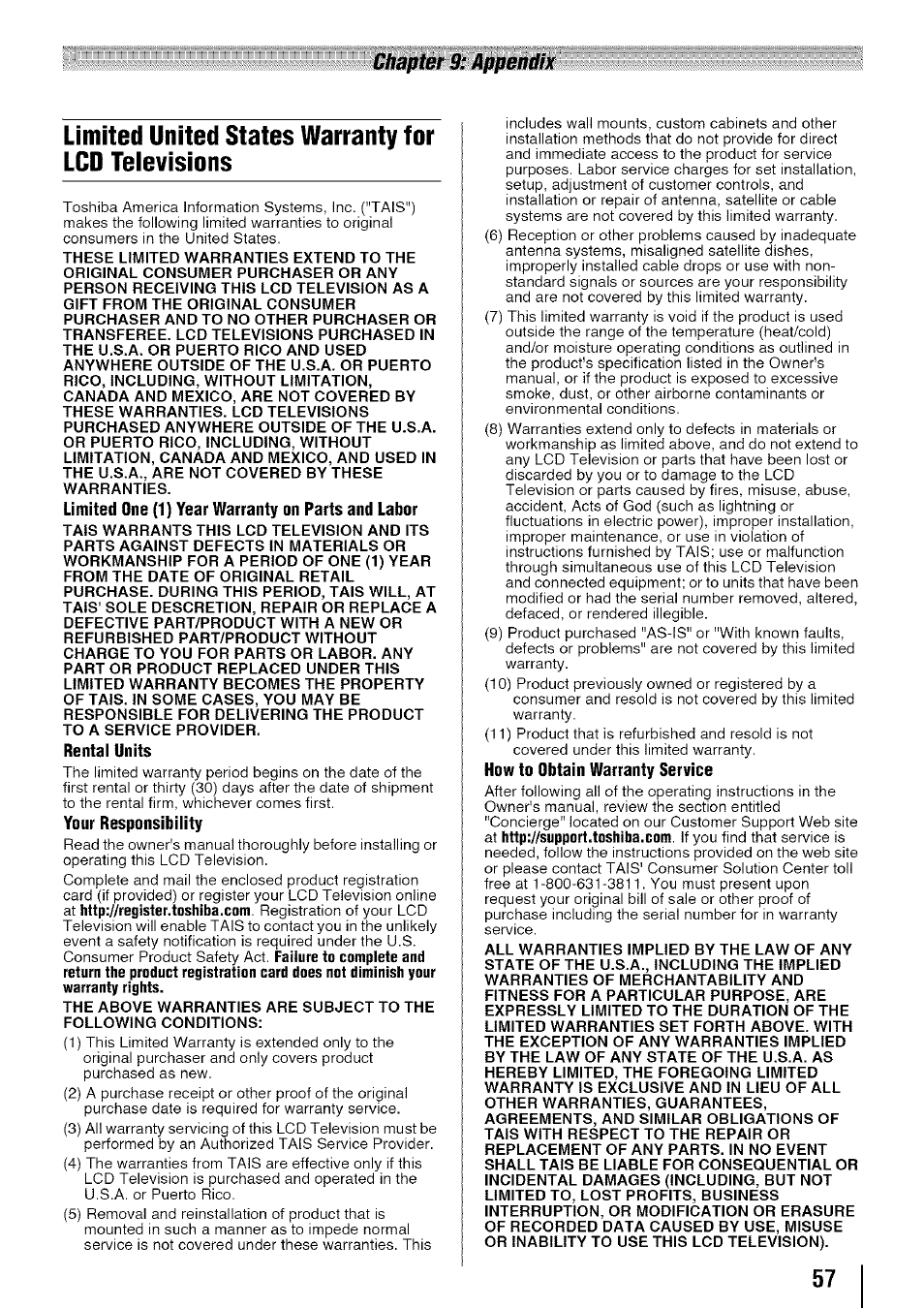 Limited united states warranty for lcd televisions | Toshiba 19SL410U User Manual | Page 57 / 62