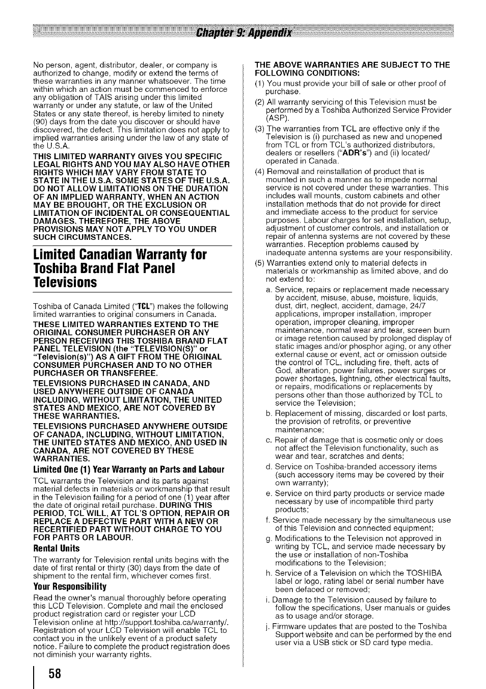 Chapter 9: appendix | Toshiba 19SL410U User Manual | Page 58 / 62