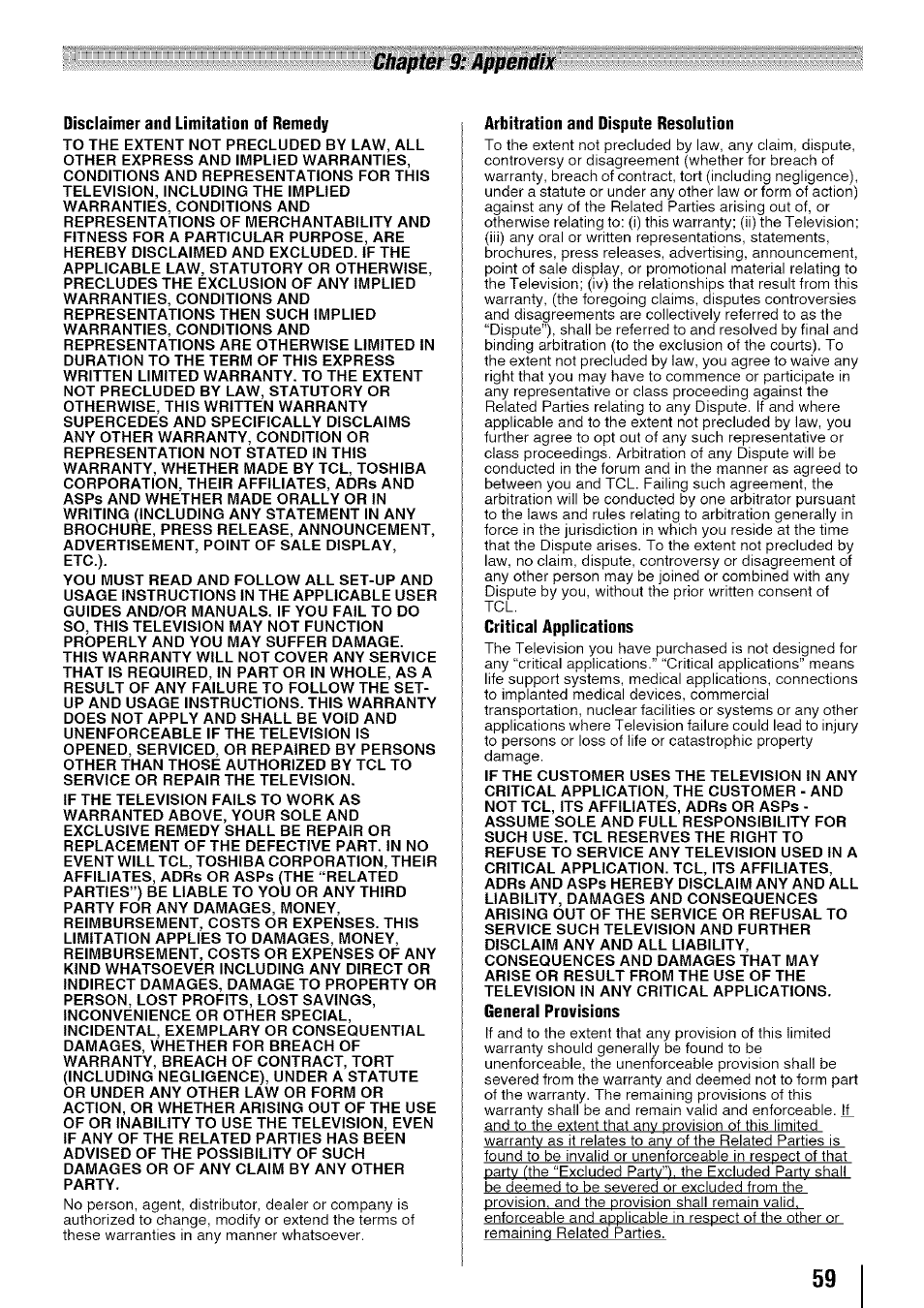 Chapter 9: appendix | Toshiba 19SL410U User Manual | Page 59 / 62