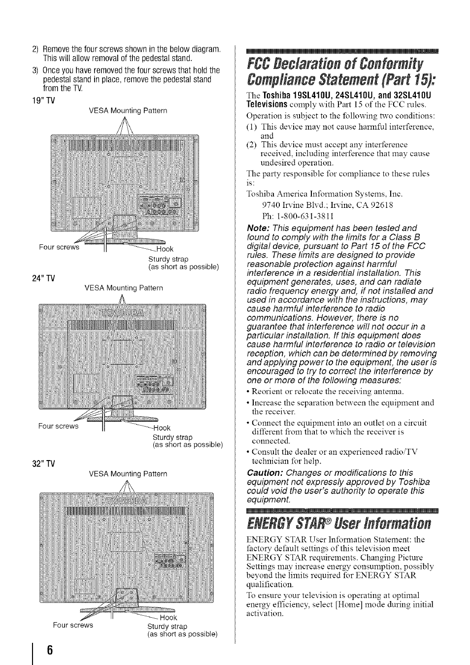 Energy star® user information | Toshiba 19SL410U User Manual | Page 6 / 62