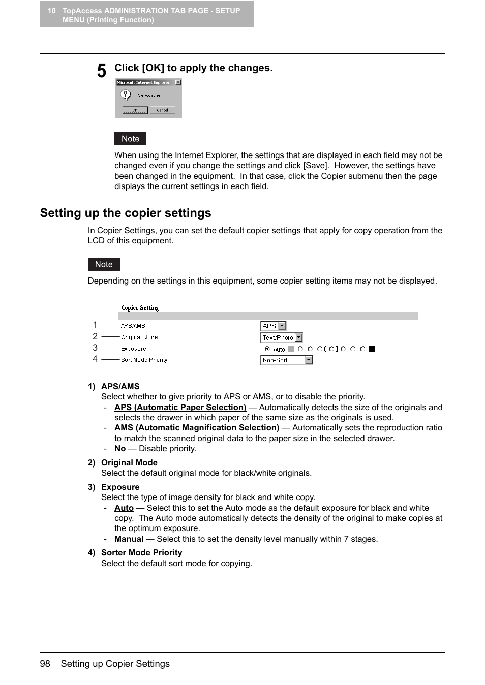 Setting up the copier settings, P.98 “setting up the copier settings | Toshiba GA-1190 User Manual | Page 100 / 156