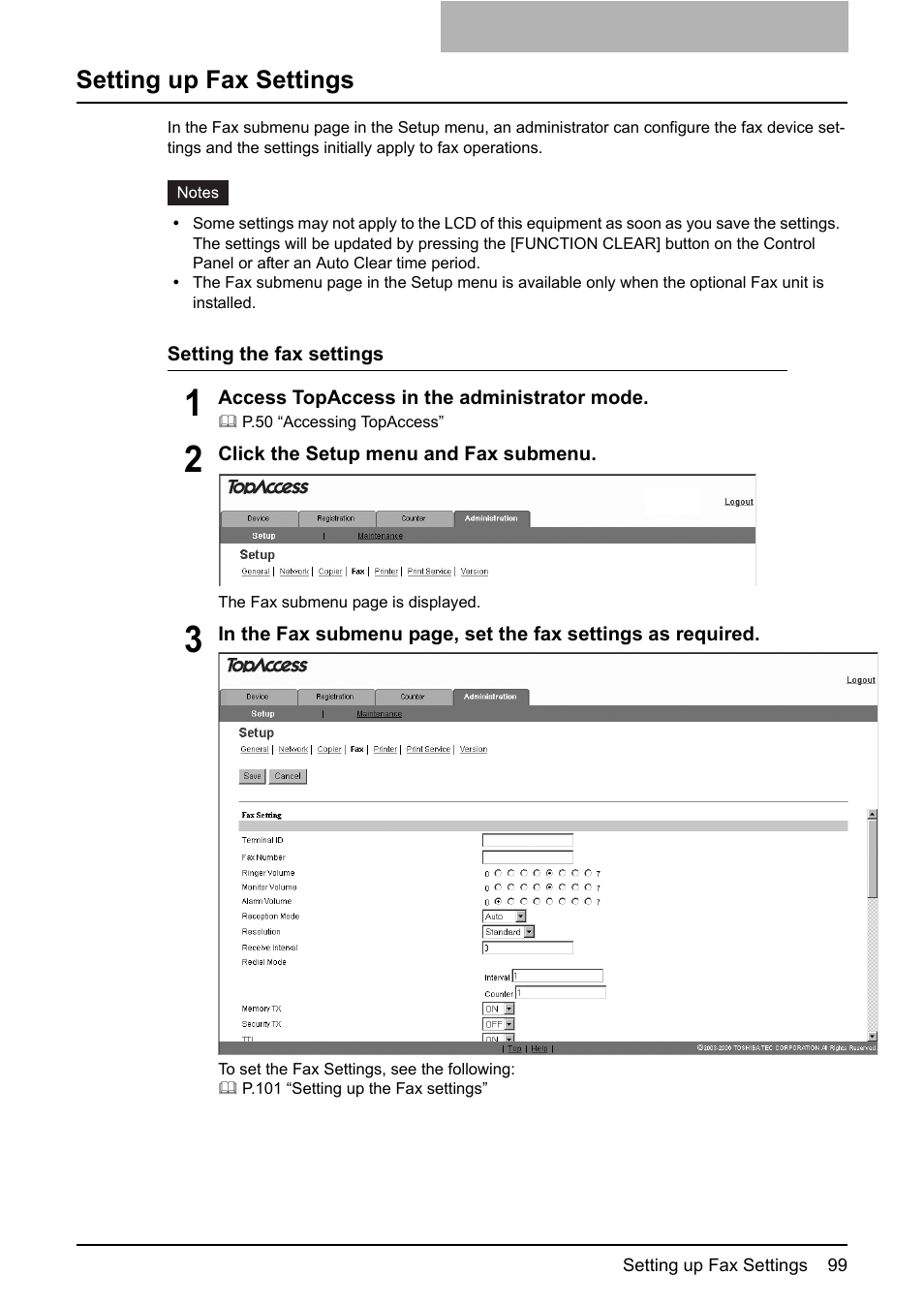Setting up fax settings | Toshiba GA-1190 User Manual | Page 101 / 156
