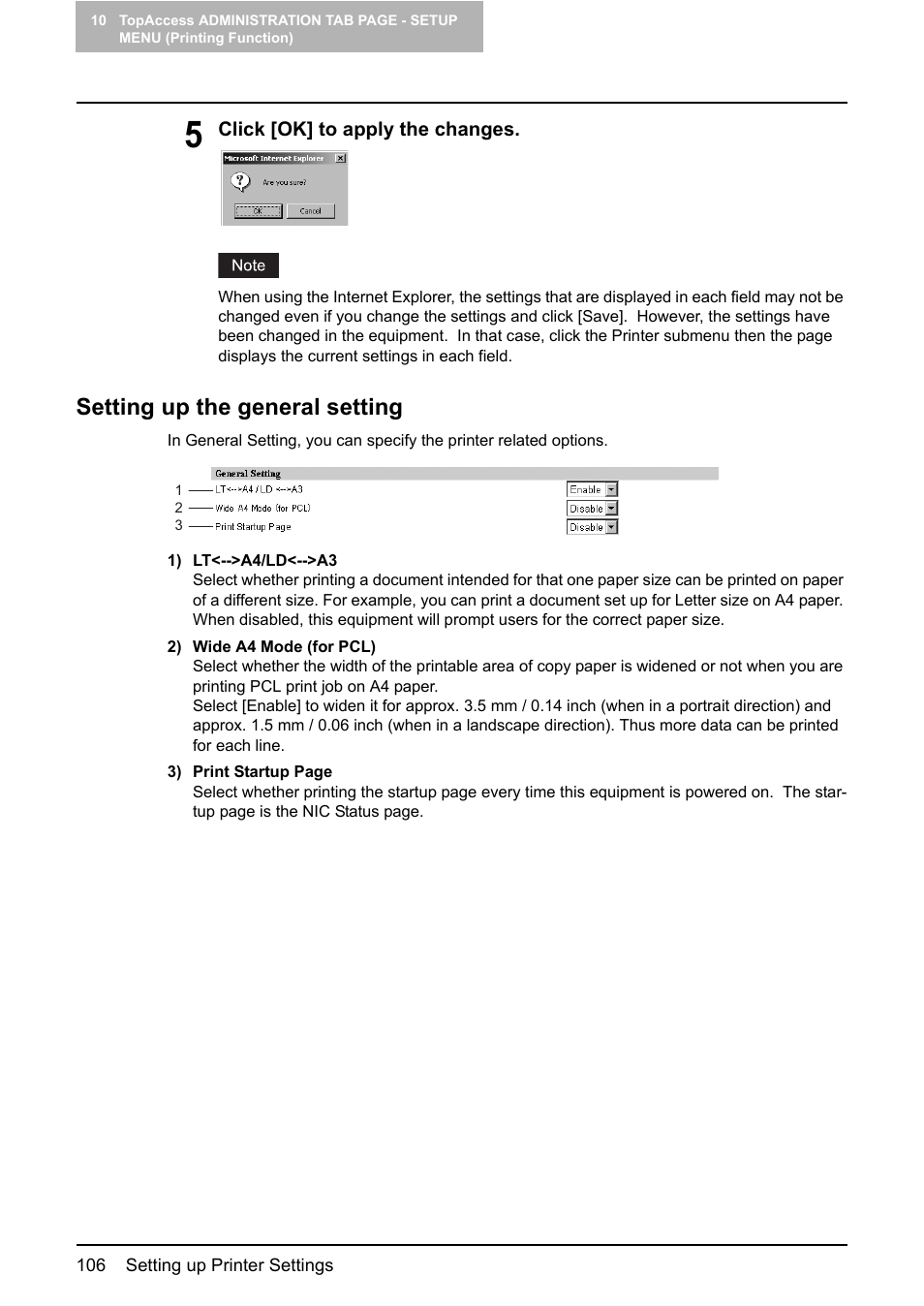 Setting up the general setting, P.106 “setting up the general setting | Toshiba GA-1190 User Manual | Page 108 / 156