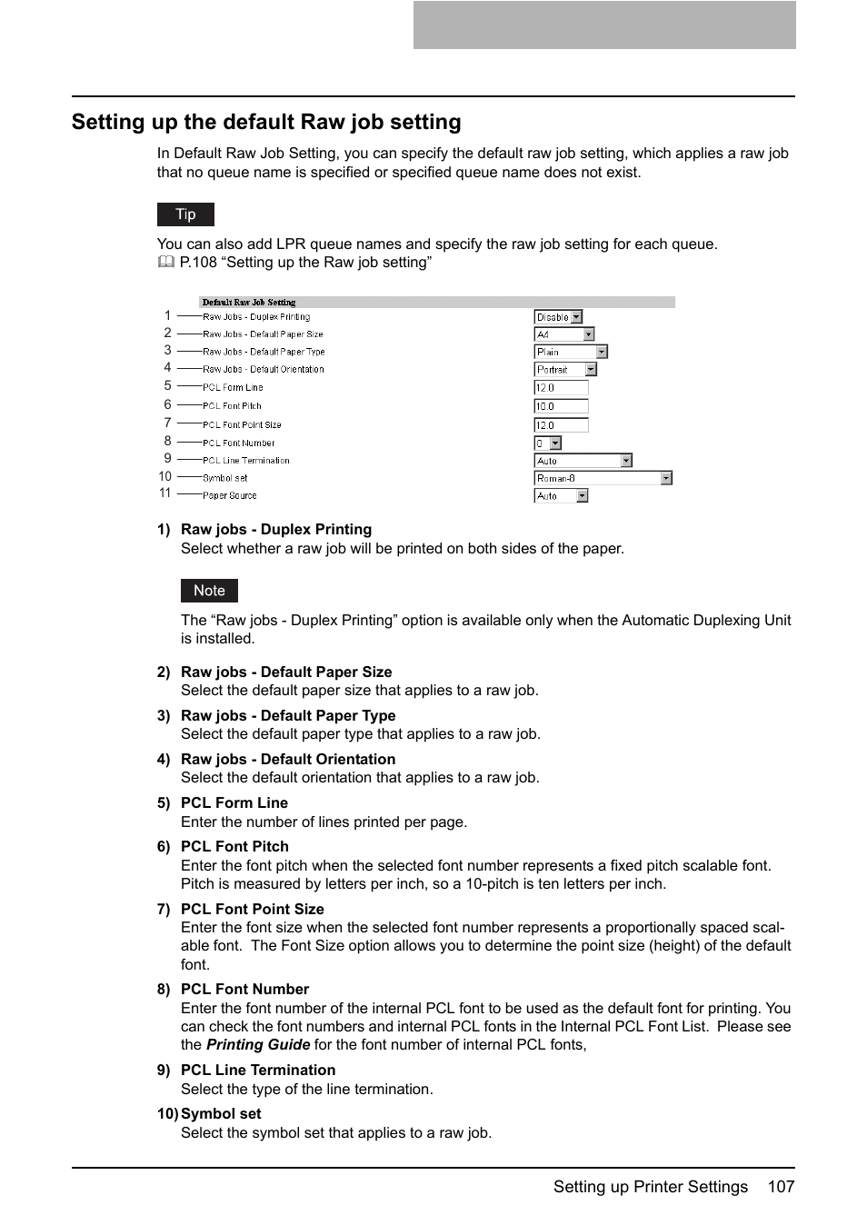 Setting up the default raw job setting, P.107 “setting up the default raw job setting | Toshiba GA-1190 User Manual | Page 109 / 156