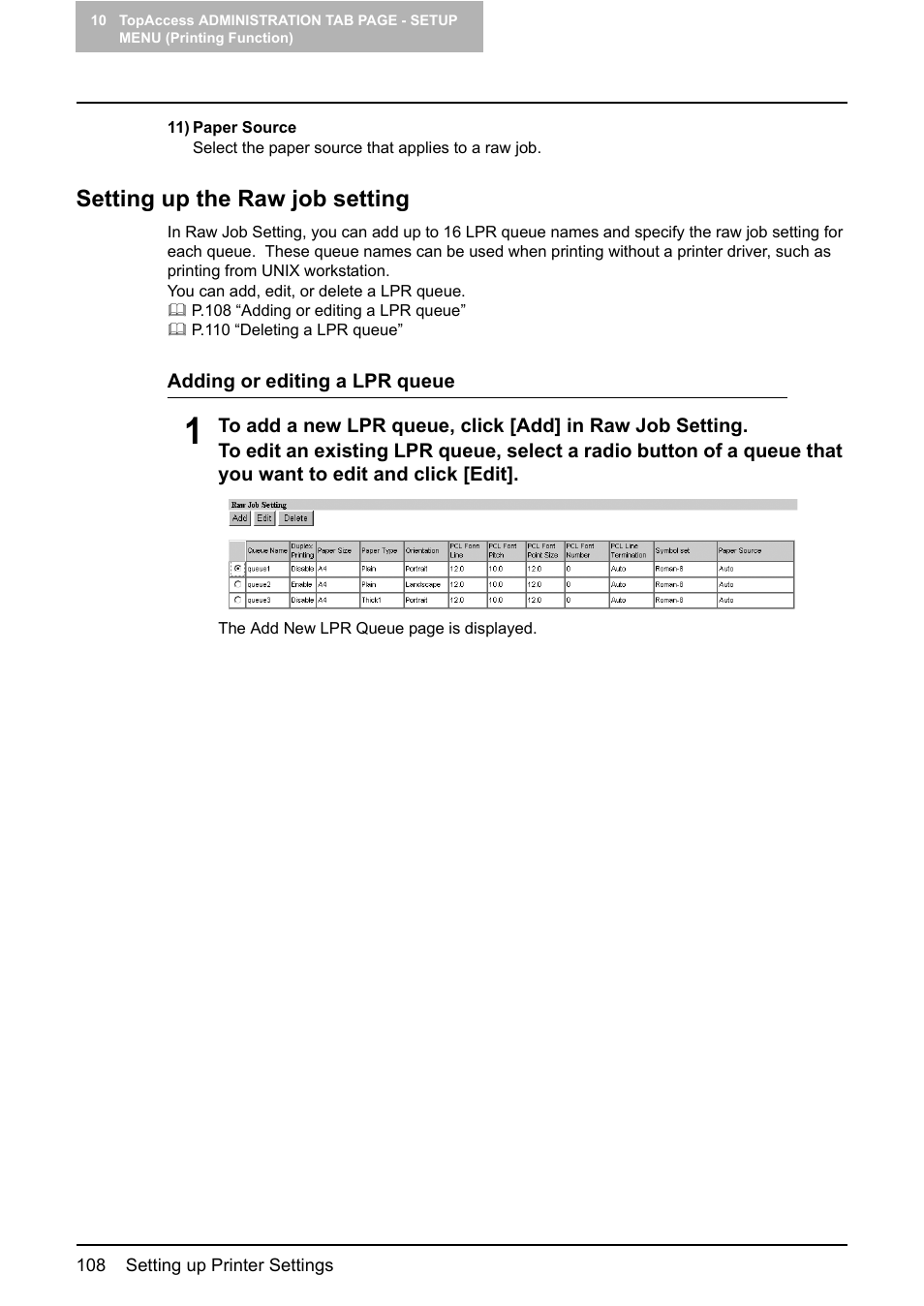 Setting up the raw job setting, P.108 “setting up the raw job setting | Toshiba GA-1190 User Manual | Page 110 / 156