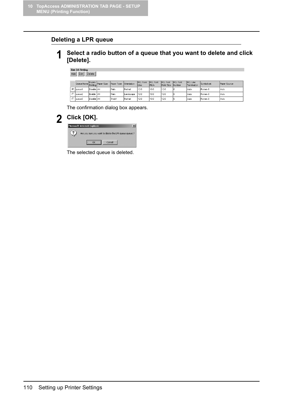 P.110 “deleting a lpr queue | Toshiba GA-1190 User Manual | Page 112 / 156