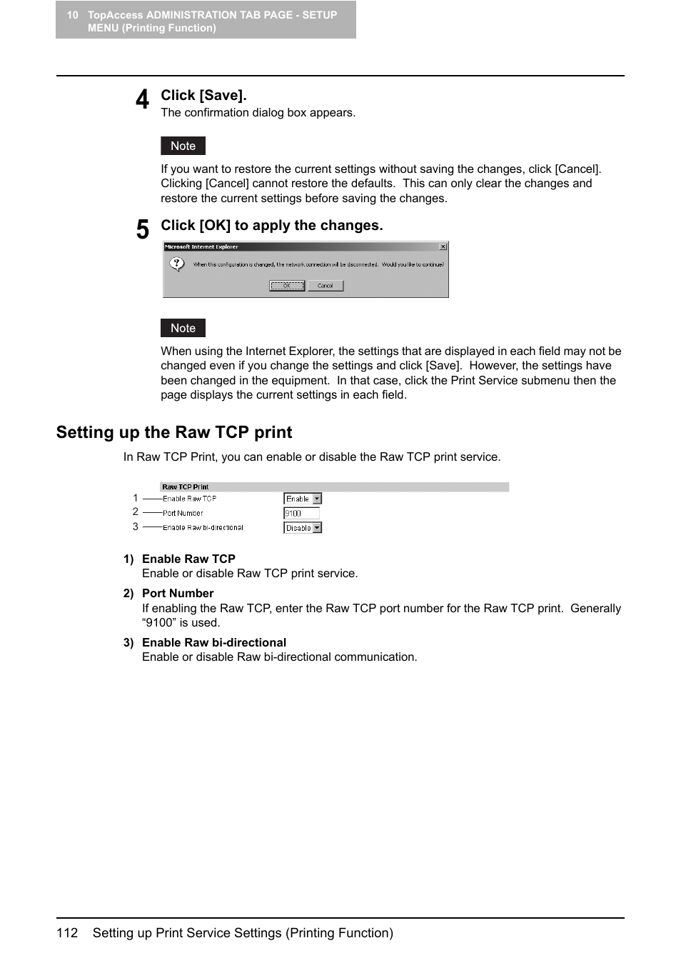 Setting up the raw tcp print, P.112 “setting up the raw tcp print | Toshiba GA-1190 User Manual | Page 114 / 156