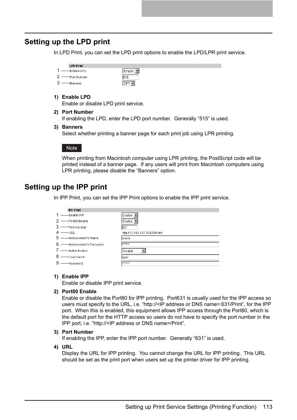 Setting up the lpd print, Setting up the ipp print, Setting up the lpd print setting up the ipp print | P.113 “setting up the lpd print, P.113 “setting up the ipp print | Toshiba GA-1190 User Manual | Page 115 / 156