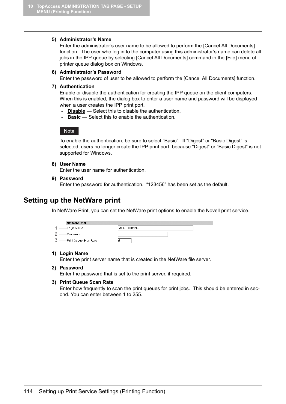 Setting up the netware print, P.114 “setting up the netware print | Toshiba GA-1190 User Manual | Page 116 / 156