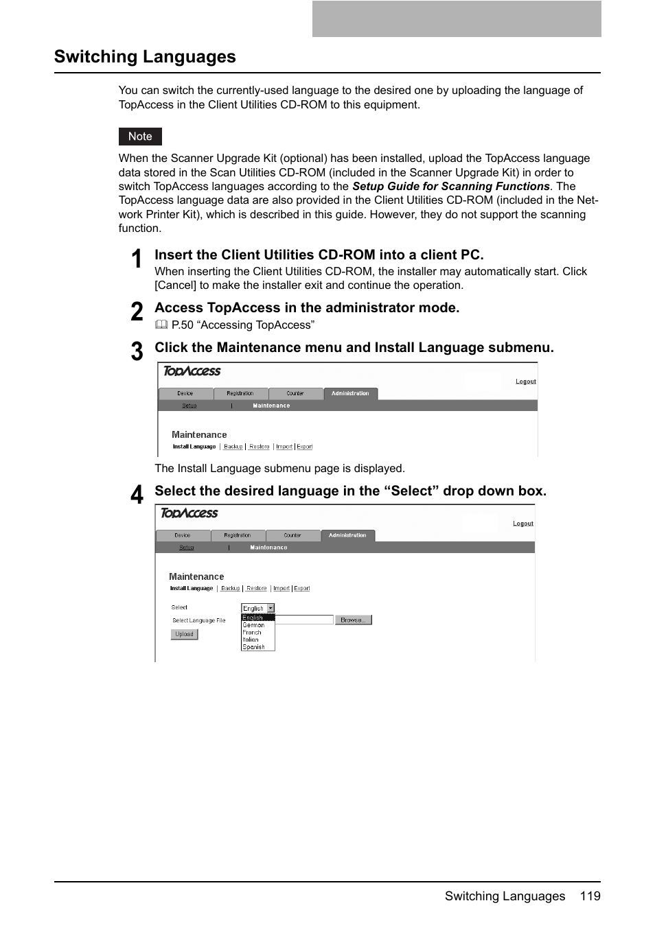 Switching languages, P.119 “switching languages | Toshiba GA-1190 User Manual | Page 121 / 156