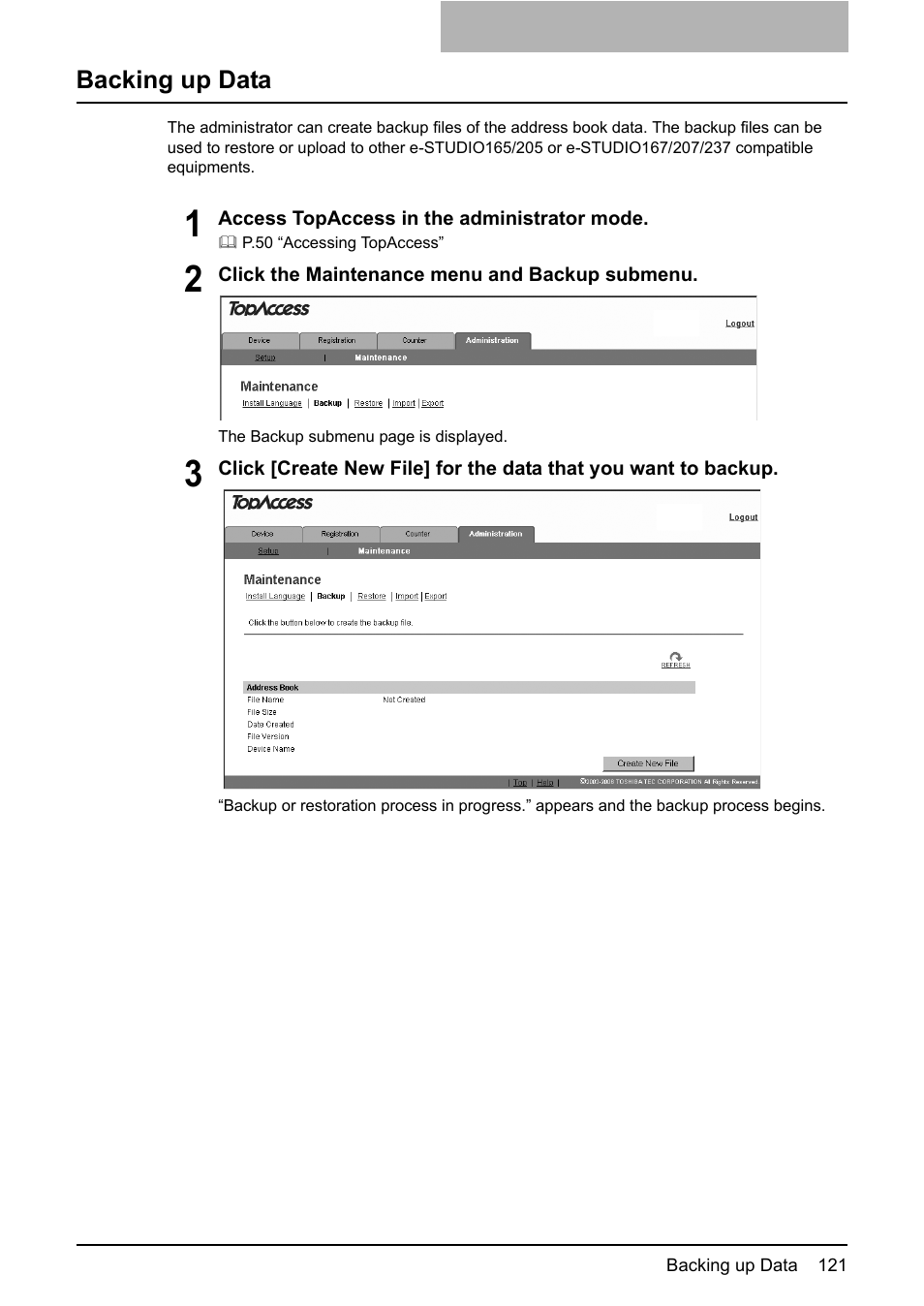 Backing up data, P.121 “backing up data | Toshiba GA-1190 User Manual | Page 123 / 156