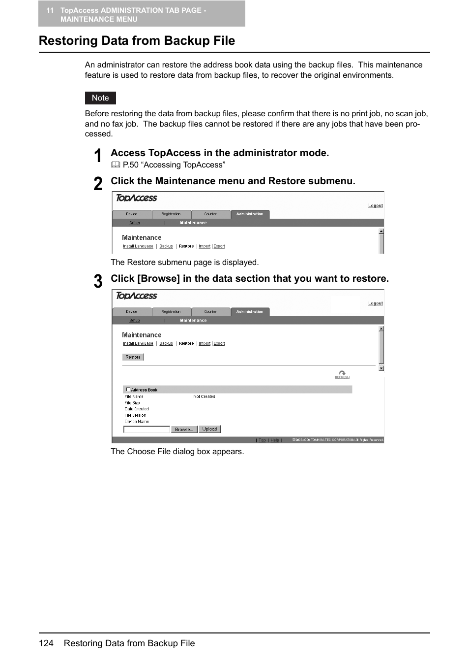 Restoring data from backup file, P.124 “restoring data from backup file | Toshiba GA-1190 User Manual | Page 126 / 156