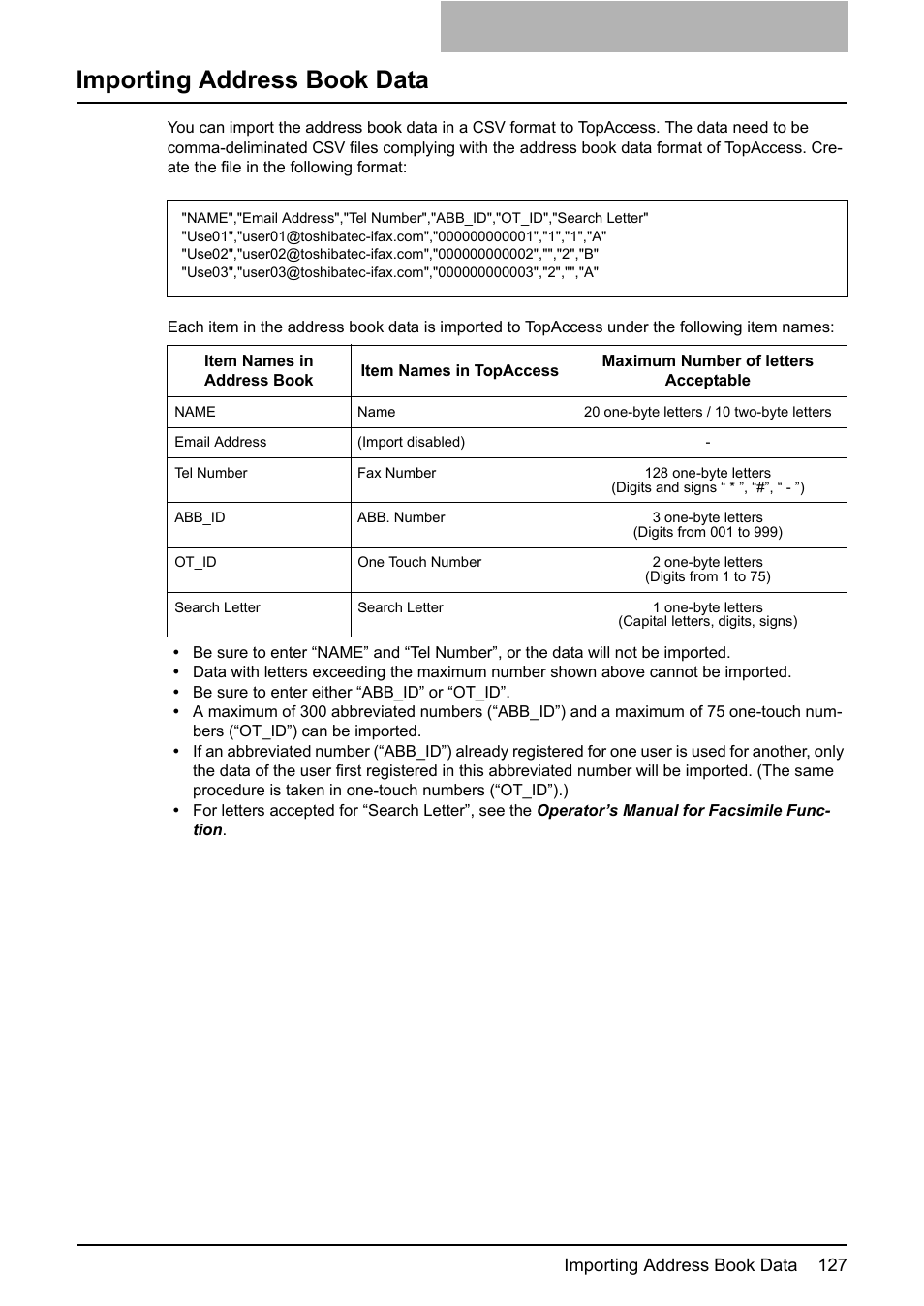 Importing address book data, P.127 “importing address book data | Toshiba GA-1190 User Manual | Page 129 / 156