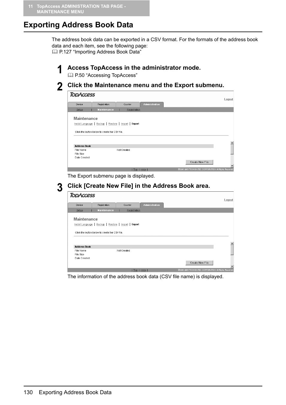 Exporting address book data, P.130 “exporting address book data | Toshiba GA-1190 User Manual | Page 132 / 156