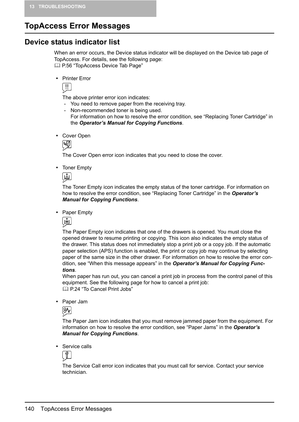 Topaccess error messages, Device status indicator list, P.140 “device status indicator list | Toshiba GA-1190 User Manual | Page 142 / 156